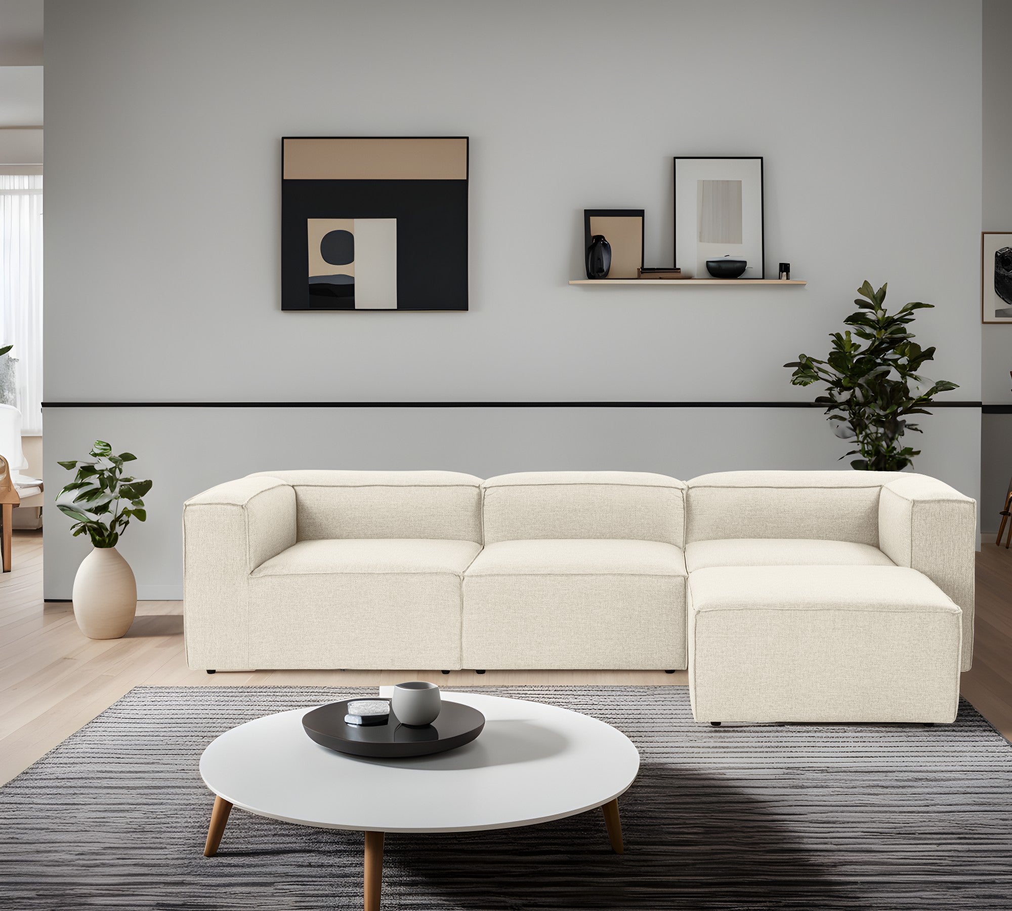 Sofá de canto elegante em cru, 297 cm x 190 cm x 66 cm | Estrutura 100% madeira de carpa, tecido 100% linho, espuma 32 DNS | Elegante e confortável para espaços de convivência modernos