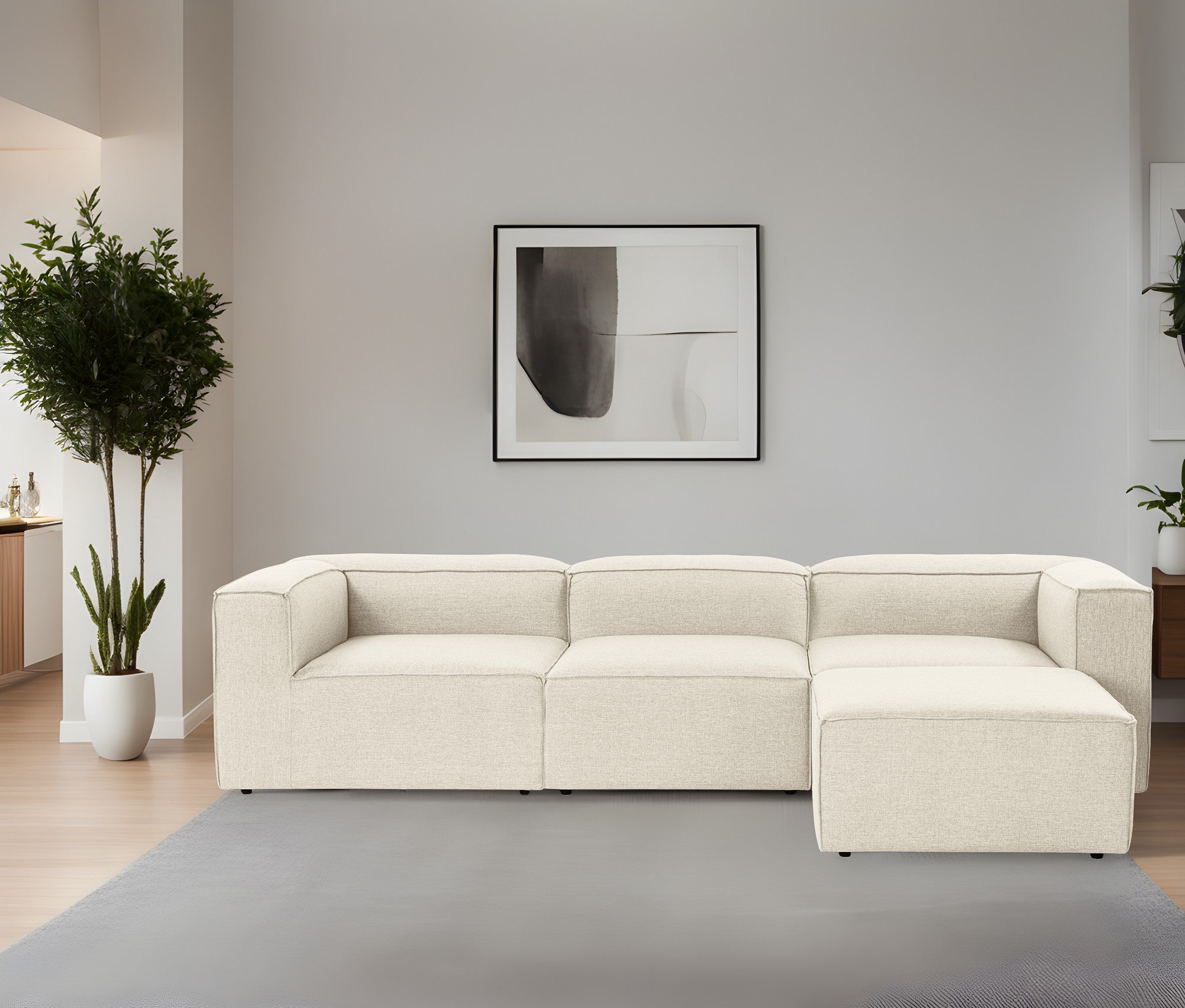 Sofá de canto elegante em cru, 297 cm x 190 cm x 66 cm | Estrutura 100% madeira de carpa, tecido 100% linho, espuma 32 DNS | Elegante e confortável para espaços de convivência modernos