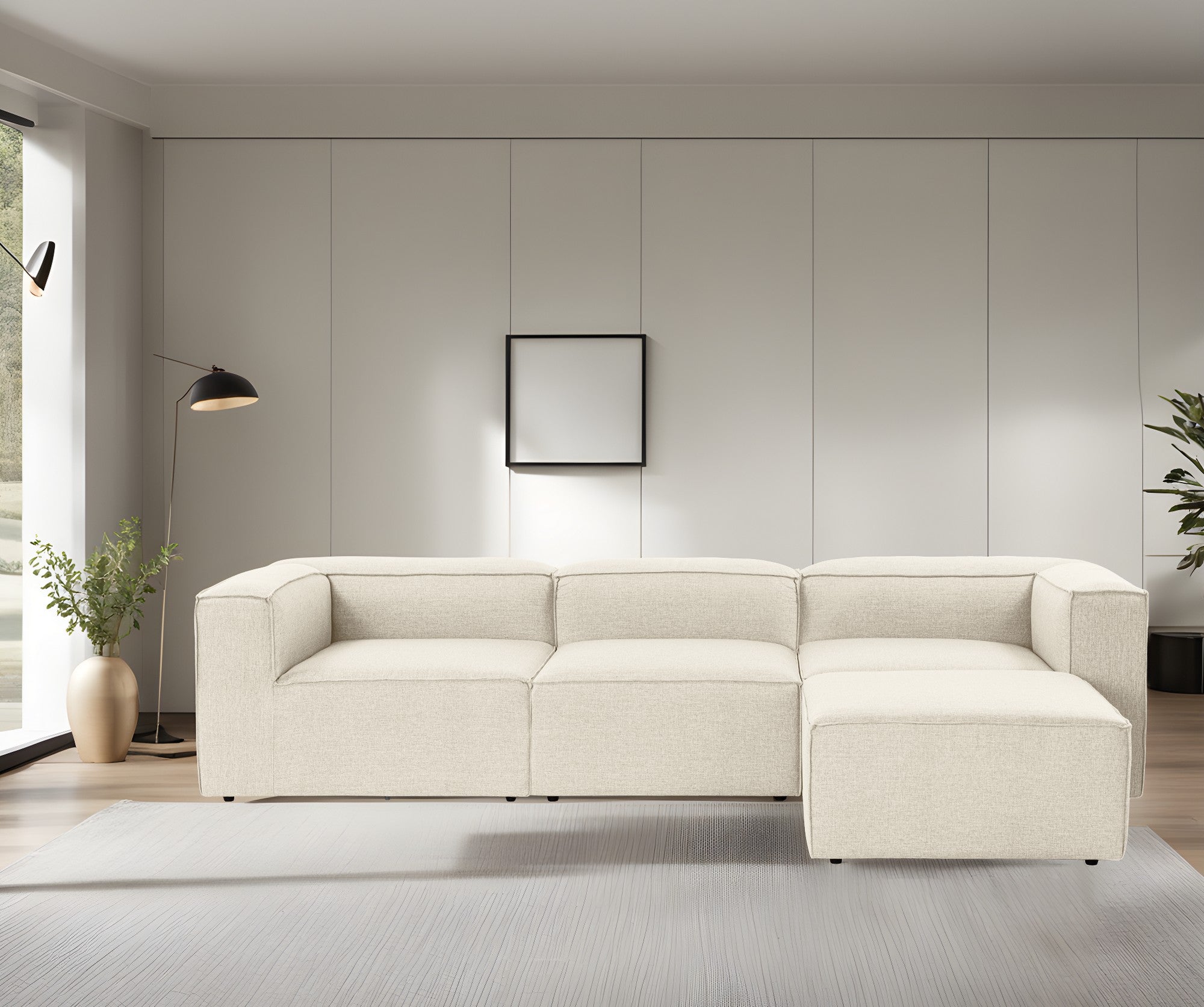 Sofá de canto elegante em cru, 297 cm x 190 cm x 66 cm | Estrutura 100% madeira de carpa, tecido 100% linho, espuma 32 DNS | Elegante e confortável para espaços de convivência modernos