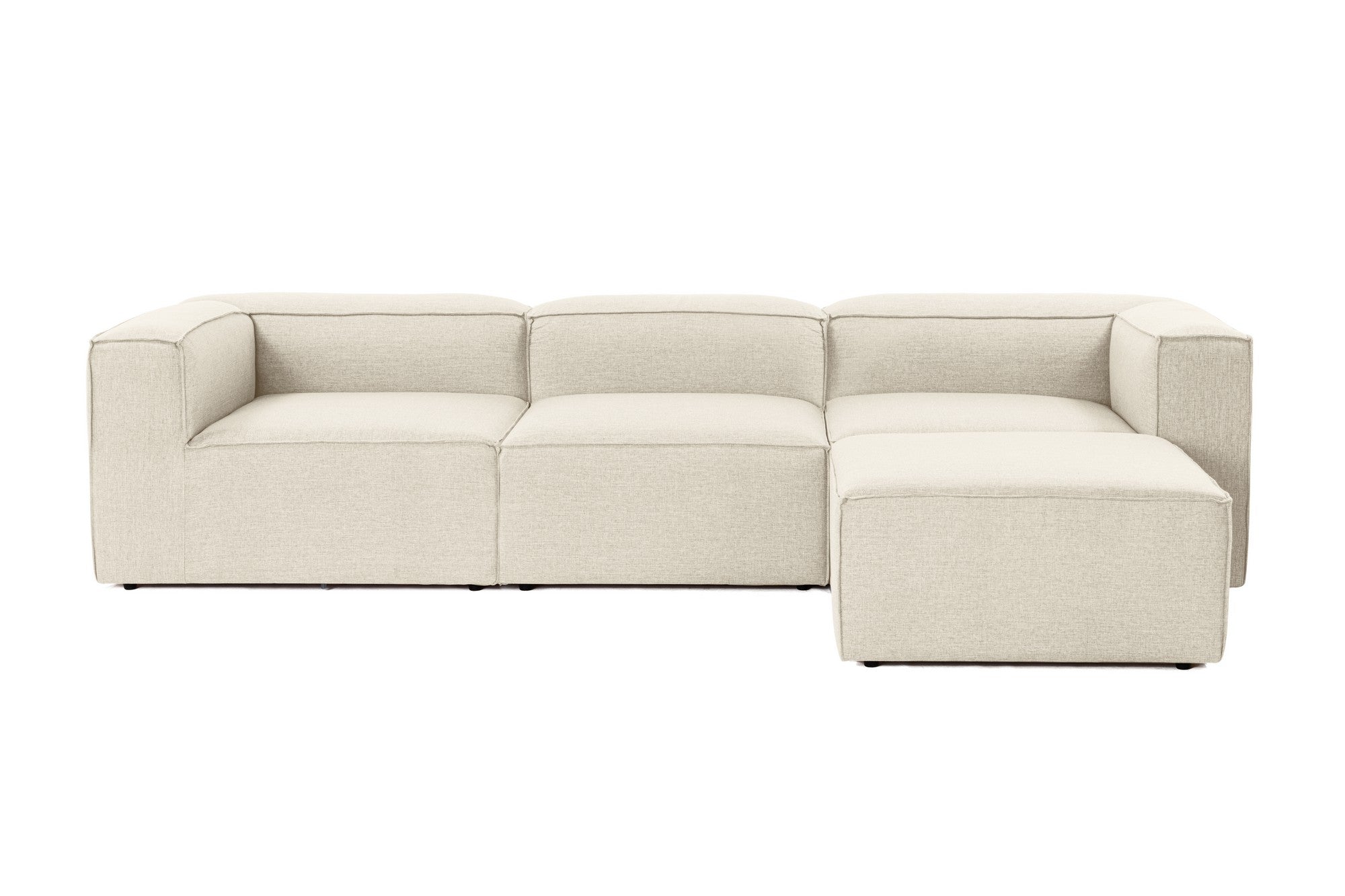 Sofá de canto elegante em cru, 297 cm x 190 cm x 66 cm | Estrutura 100% madeira de carpa, tecido 100% linho, espuma 32 DNS | Elegante e confortável para espaços de convivência modernos