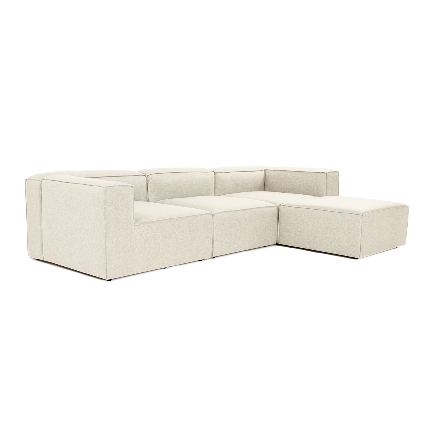 Sofá de canto elegante em cru, 297 cm x 190 cm x 66 cm | Estrutura 100% madeira de carpa, tecido 100% linho, espuma 32 DNS | Elegante e confortável para espaços de convivência modernos