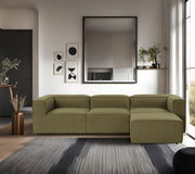 Sofá de canto elegante, verde, 296 cm de largura, tecido 100% linho, assentos de espuma DNS 32, estrutura de madeira de carpa, perfeito para salas de estar modernas e relaxamento