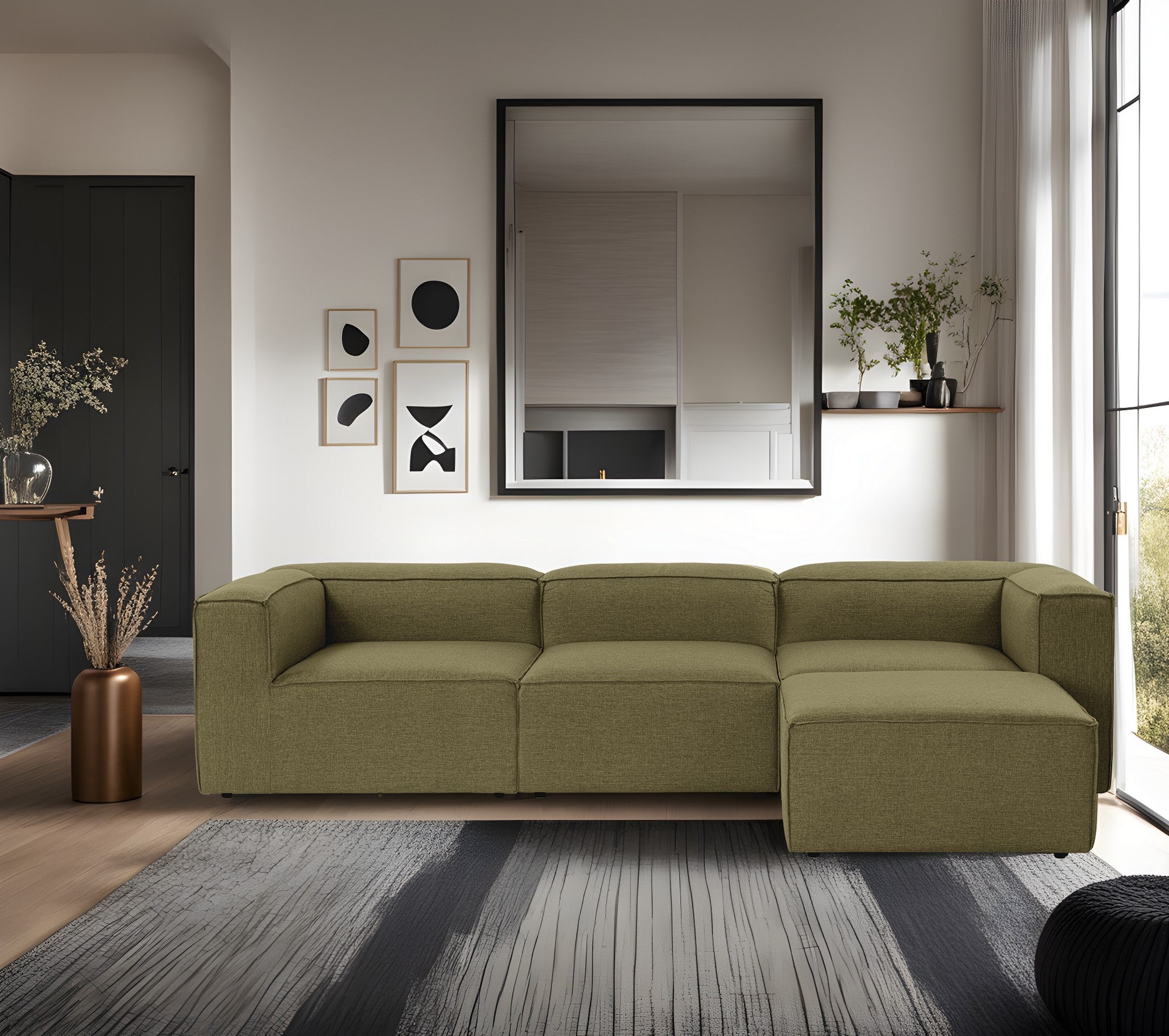Sofá de canto elegante, verde, 296 cm de largura, tecido 100% linho, assentos de espuma DNS 32, estrutura de madeira de carpa, perfeito para salas de estar modernas e relaxamento