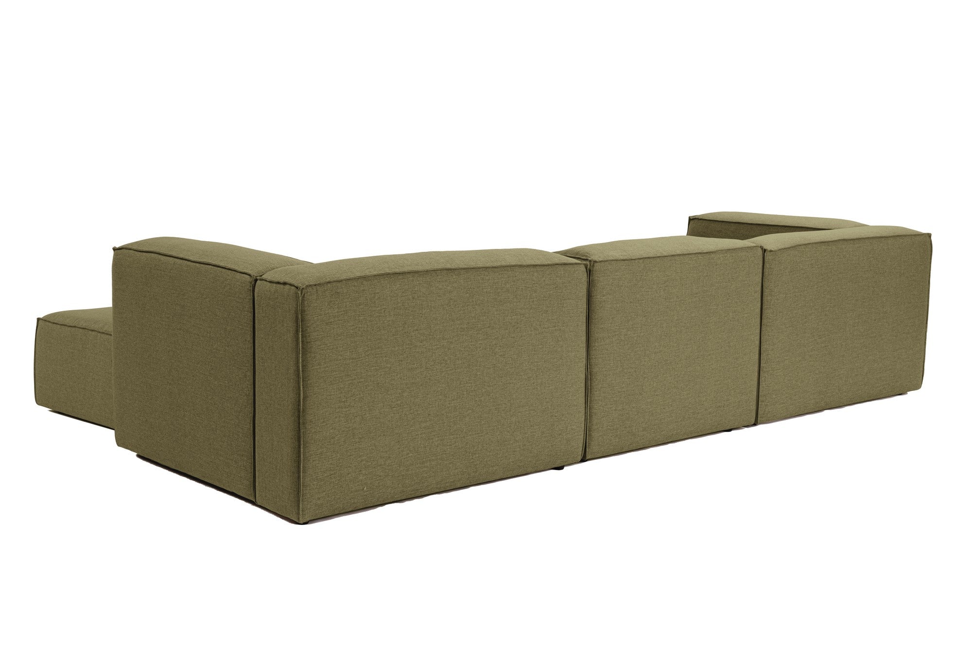 Sofá de canto elegante, verde, 296 cm de largura, tecido 100% linho, assentos de espuma DNS 32, estrutura de madeira de carpa, perfeito para salas de estar modernas e relaxamento