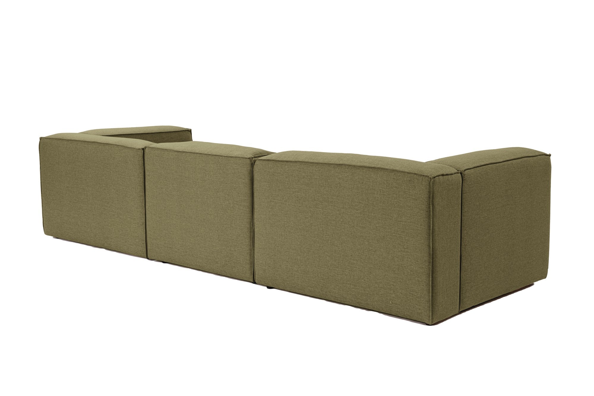 Sofá de canto elegante, verde, 296 cm de largura, tecido 100% linho, assentos de espuma DNS 32, estrutura de madeira de carpa, perfeito para salas de estar modernas e relaxamento
