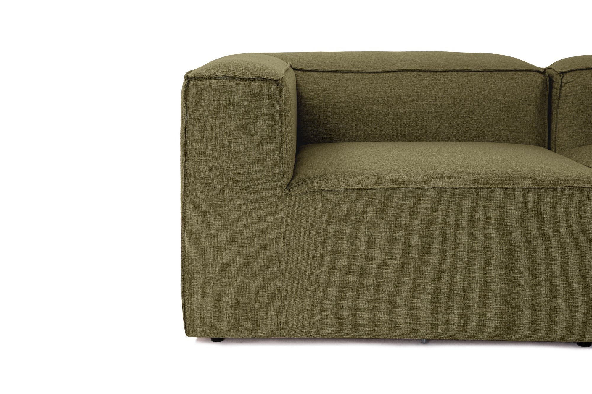 Sofá de canto elegante, verde, 296 cm de largura, tecido 100% linho, assentos de espuma DNS 32, estrutura de madeira de carpa, perfeito para salas de estar modernas e relaxamento