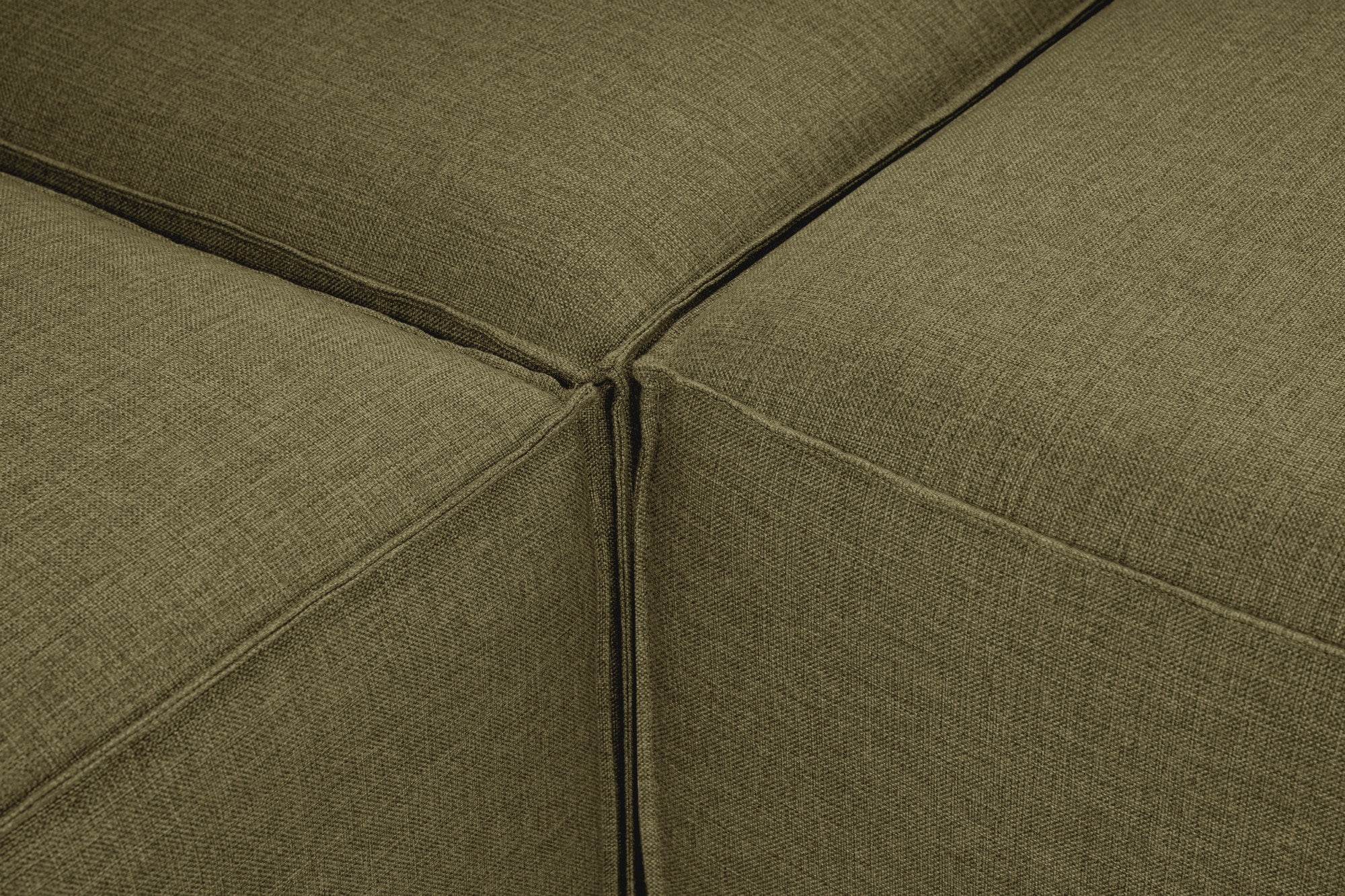 Sofá de canto elegante, verde, 296 cm de largura, tecido 100% linho, assentos de espuma DNS 32, estrutura de madeira de carpa, perfeito para salas de estar modernas e relaxamento