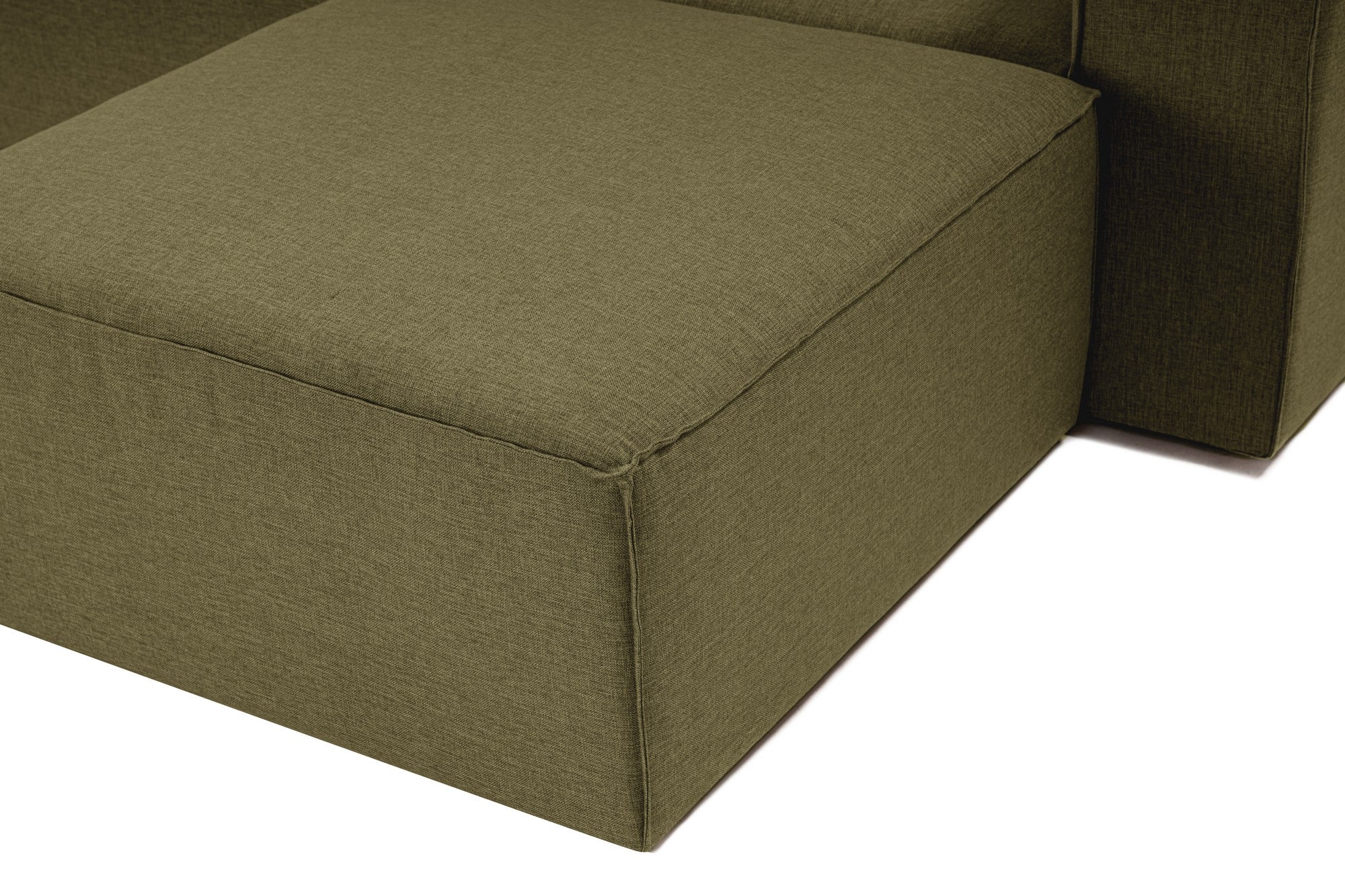 Sofá de canto elegante, verde, 296 cm de largura, tecido 100% linho, assentos de espuma DNS 32, estrutura de madeira de carpa, perfeito para salas de estar modernas e relaxamento