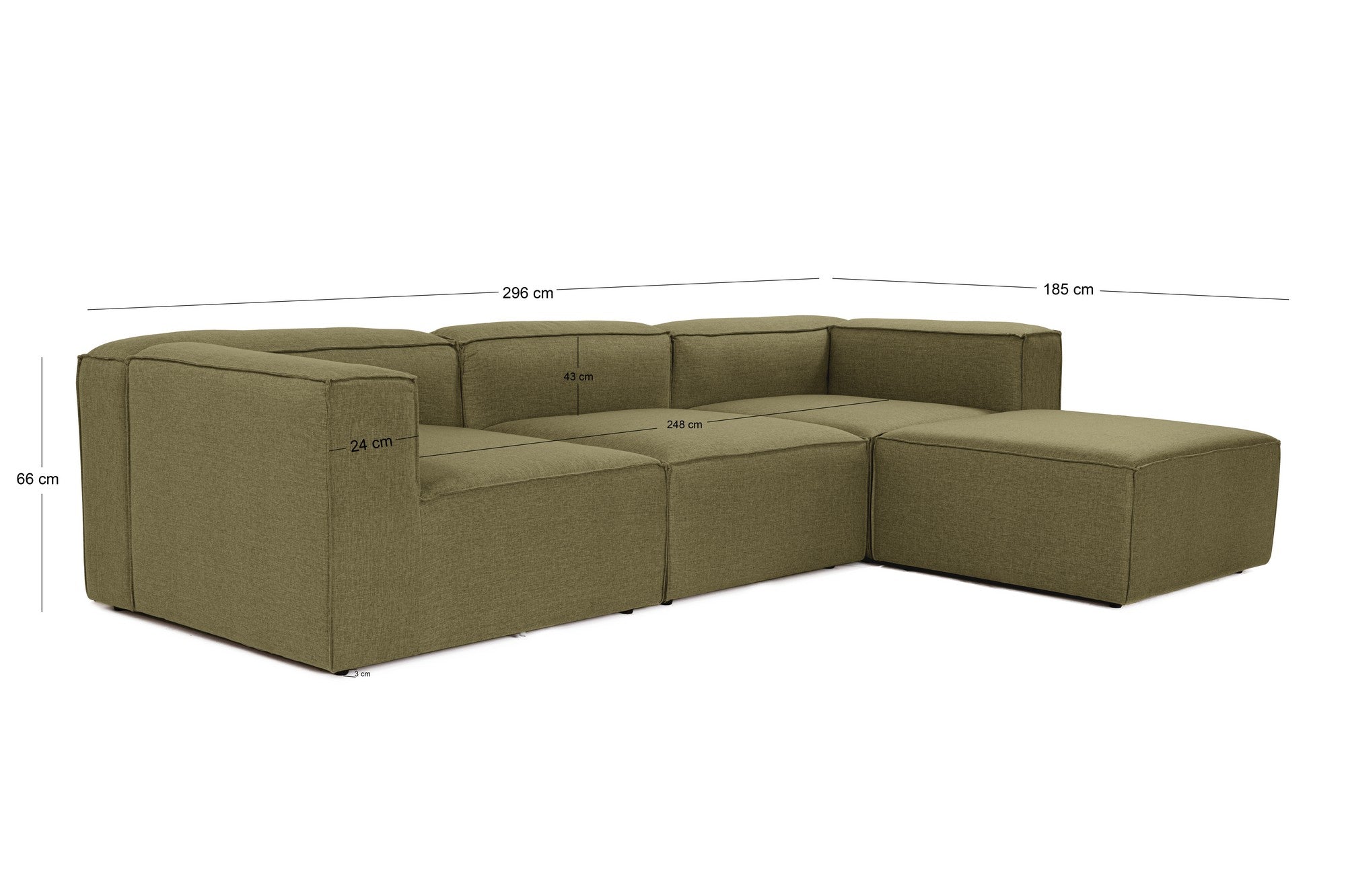 Sofá de canto elegante, verde, 296 cm de largura, tecido 100% linho, assentos de espuma DNS 32, estrutura de madeira de carpa, perfeito para salas de estar modernas e relaxamento
