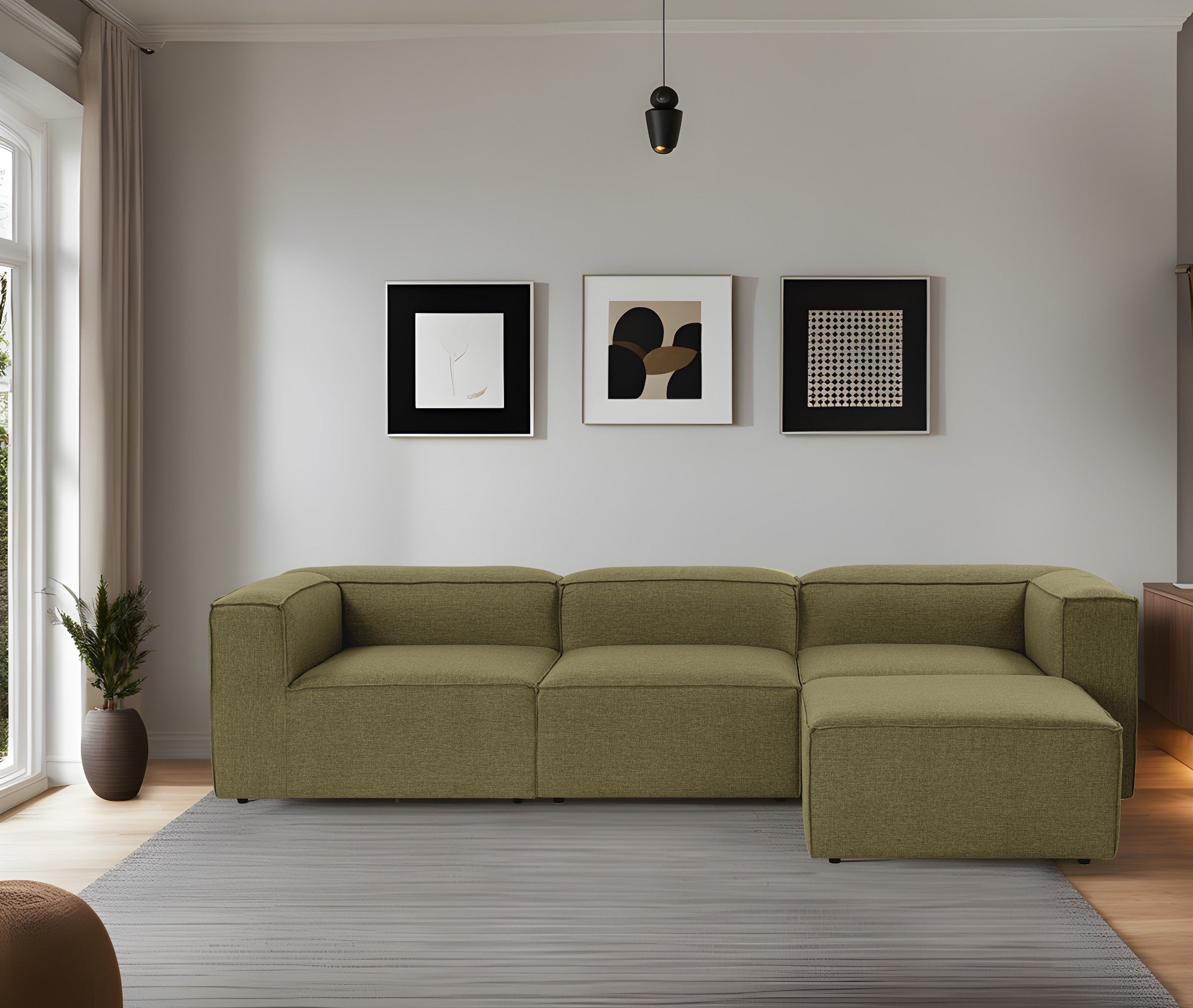 Sofá de canto elegante, verde, 296 cm de largura, tecido 100% linho, assentos de espuma DNS 32, estrutura de madeira de carpa, perfeito para salas de estar modernas e relaxamento