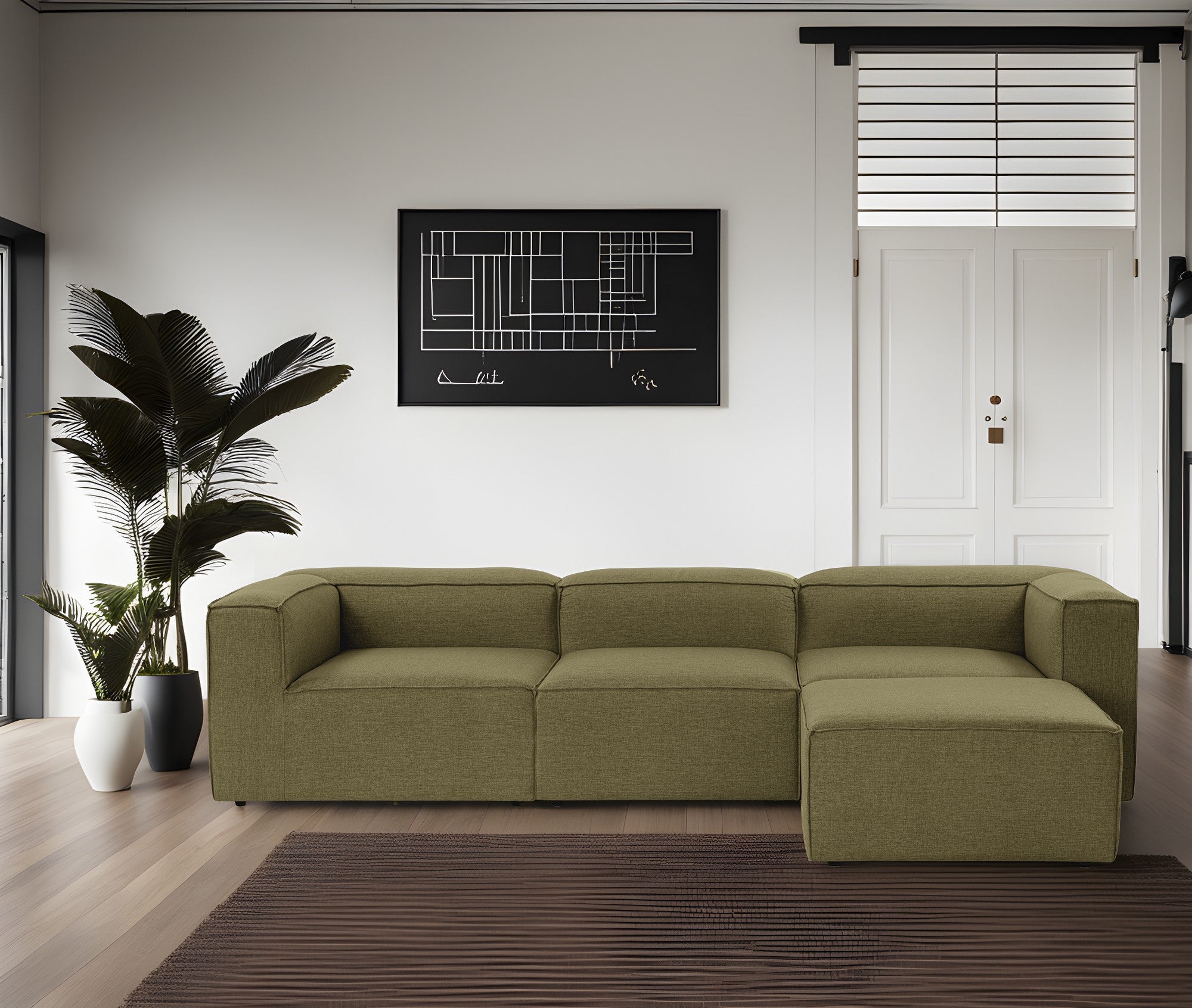 Sofá de canto elegante, verde, 296 cm de largura, tecido 100% linho, assentos de espuma DNS 32, estrutura de madeira de carpa, perfeito para salas de estar modernas e relaxamento