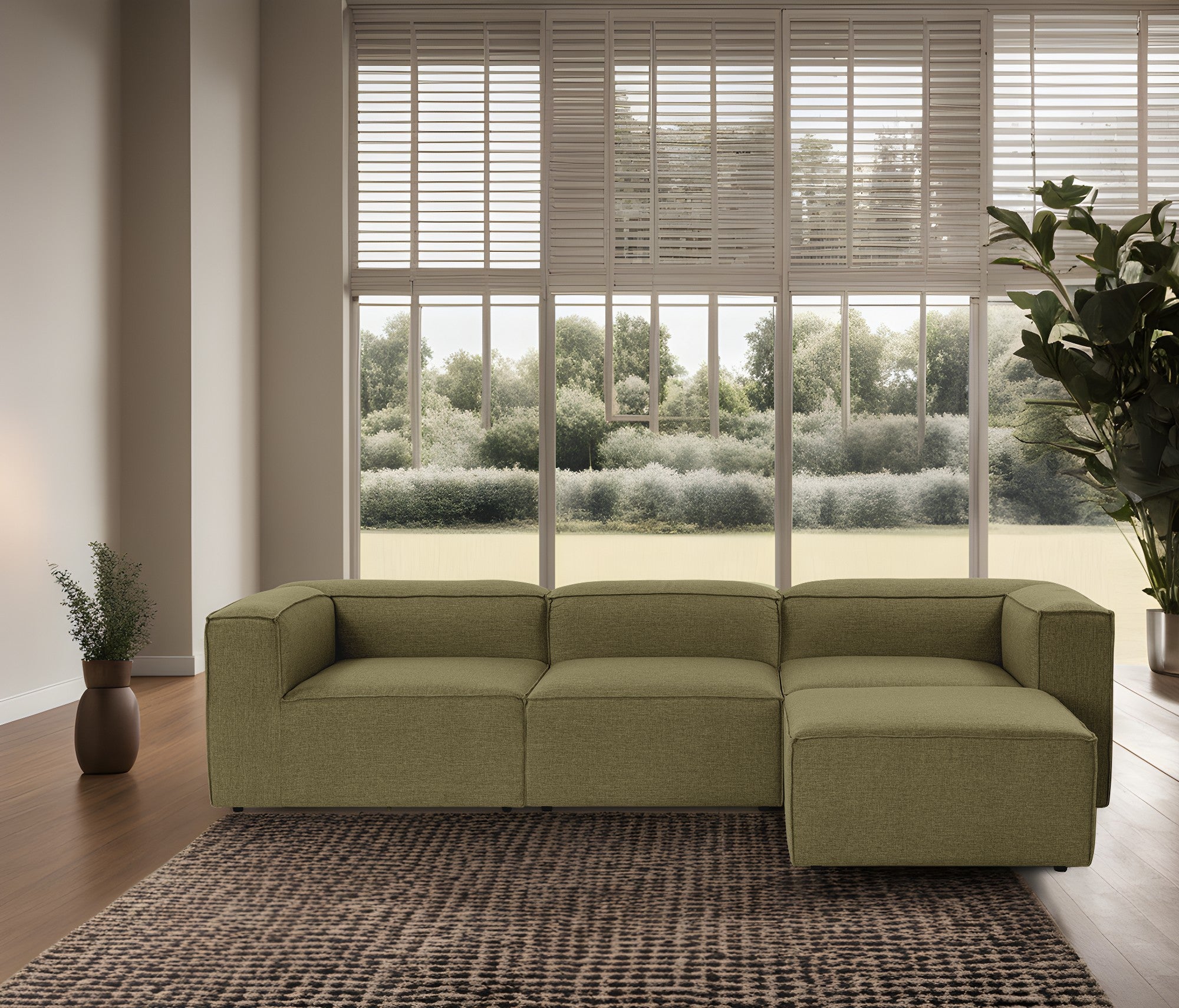 Sofá de canto elegante, verde, 296 cm de largura, tecido 100% linho, assentos de espuma DNS 32, estrutura de madeira de carpa, perfeito para salas de estar modernas e relaxamento