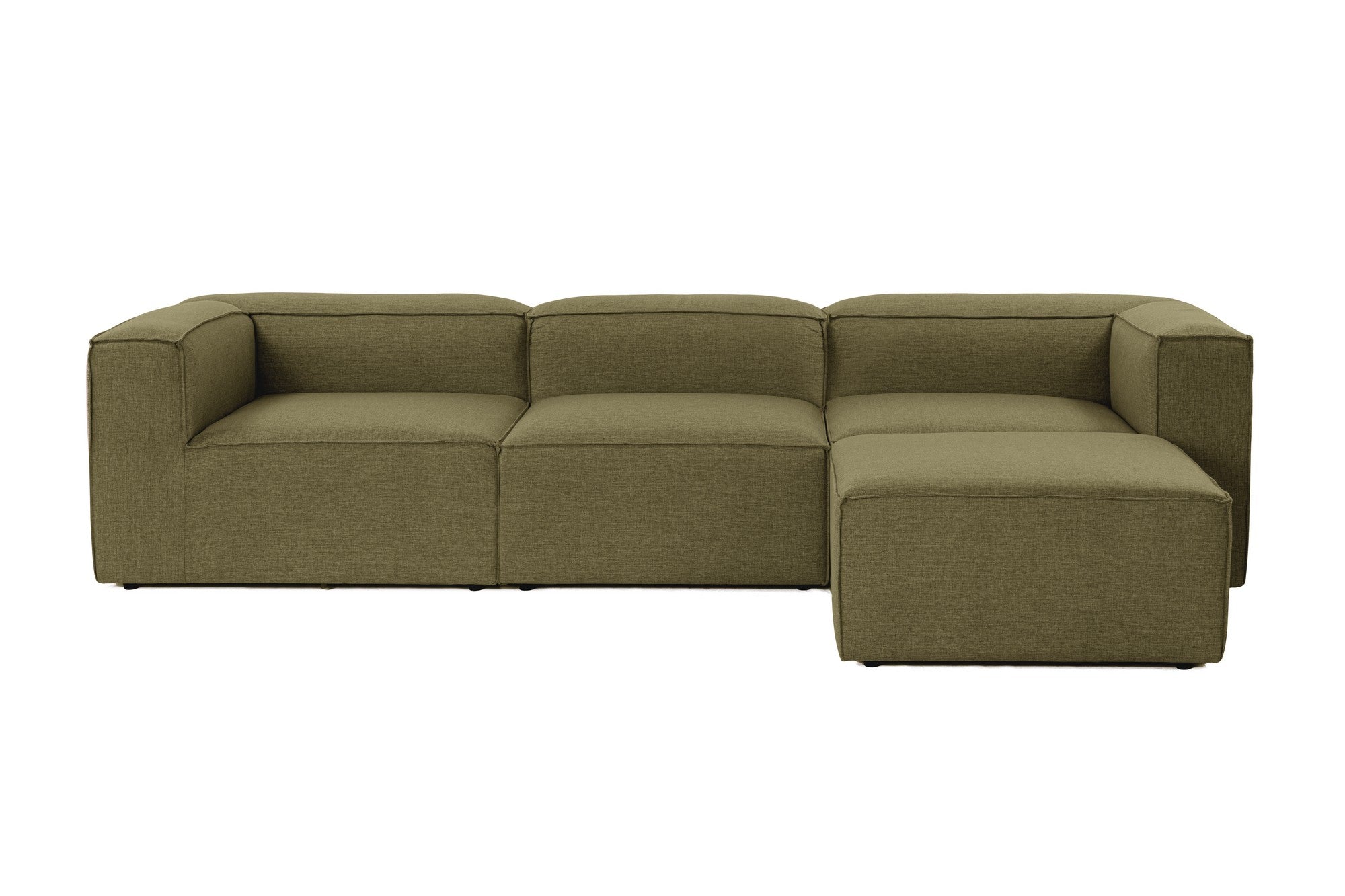 Sofá de canto elegante, verde, 296 cm de largura, tecido 100% linho, assentos de espuma DNS 32, estrutura de madeira de carpa, perfeito para salas de estar modernas e relaxamento