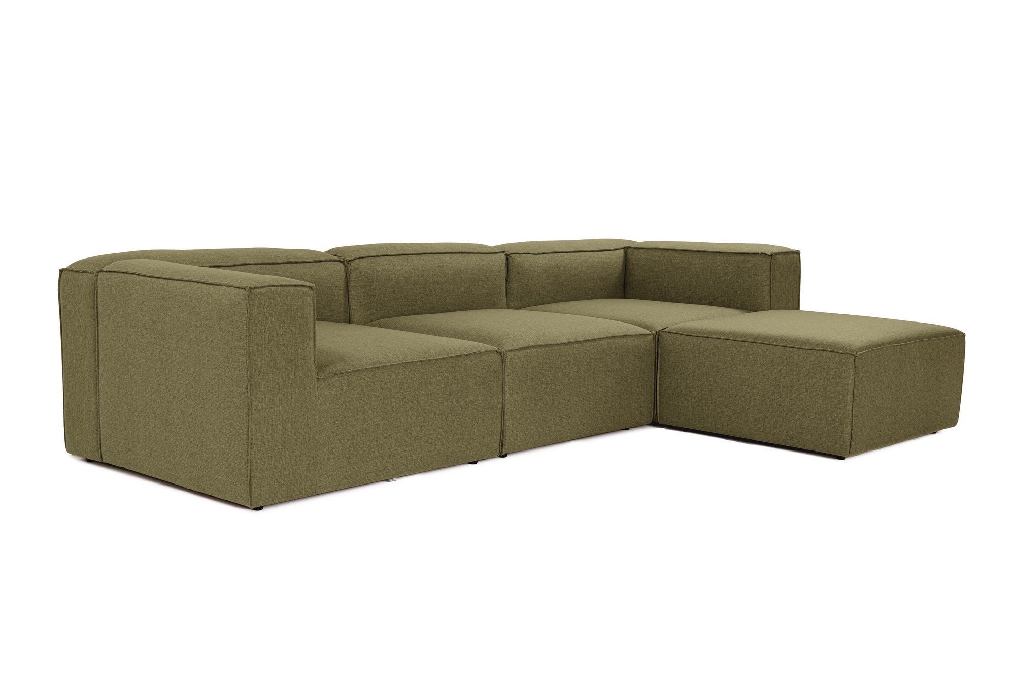Sofá de canto elegante, verde, 296 cm de largura, tecido 100% linho, assentos de espuma DNS 32, estrutura de madeira de carpa, perfeito para salas de estar modernas e relaxamento