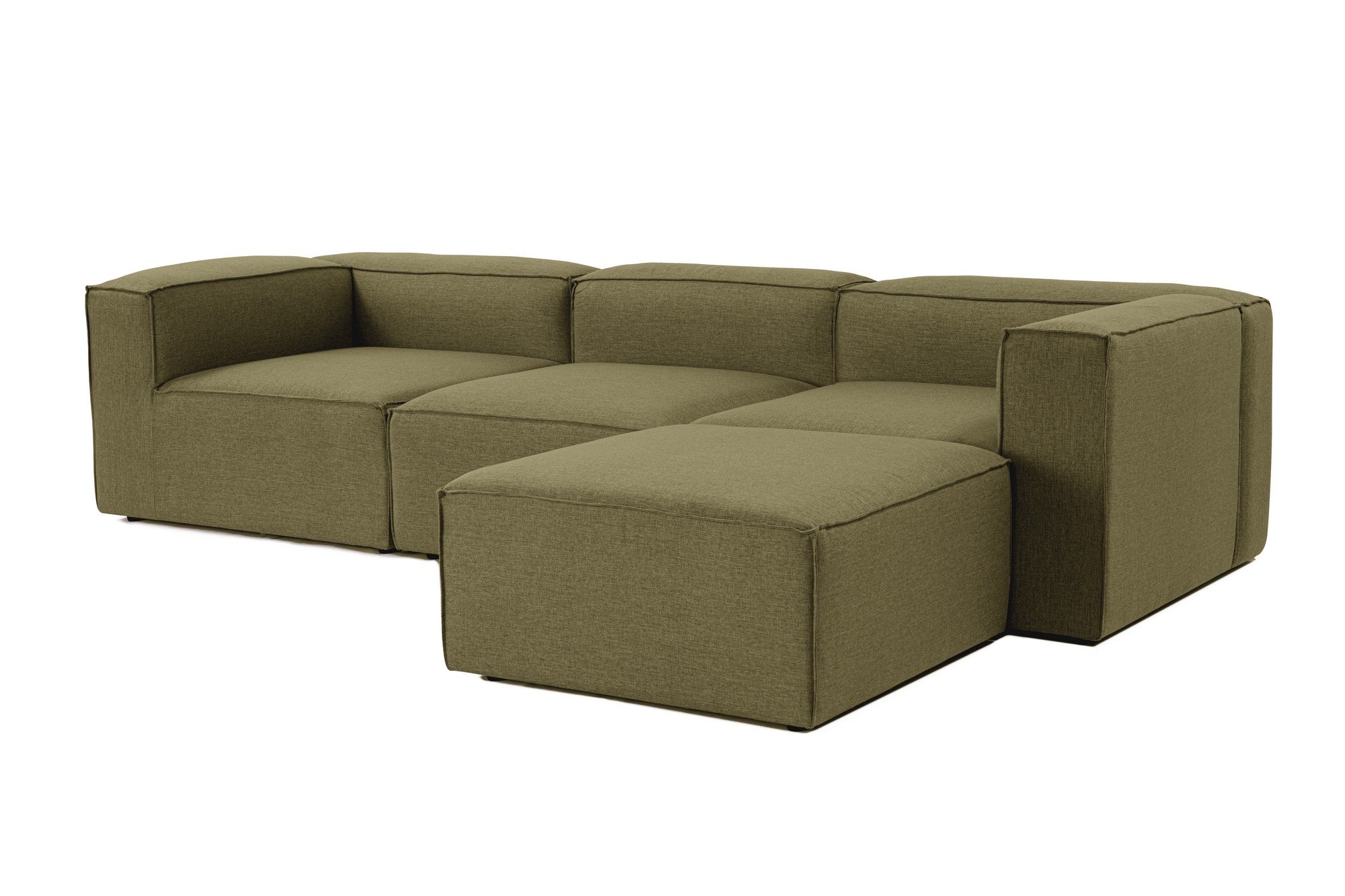 Sofá de canto elegante, verde, 296 cm de largura, tecido 100% linho, assentos de espuma DNS 32, estrutura de madeira de carpa, perfeito para salas de estar modernas e relaxamento