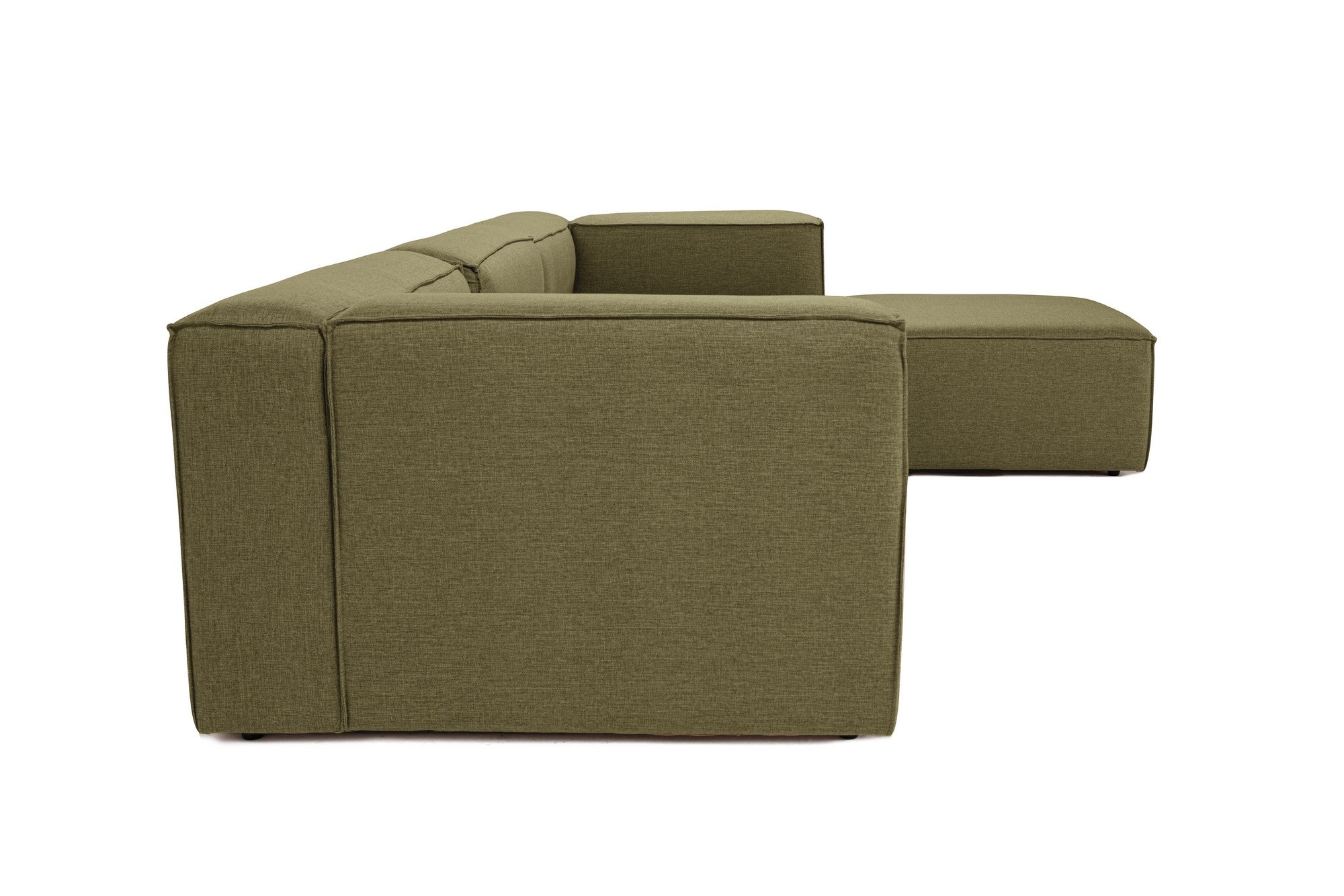 Sofá de canto elegante, verde, 296 cm de largura, tecido 100% linho, assentos de espuma DNS 32, estrutura de madeira de carpa, perfeito para salas de estar modernas e relaxamento