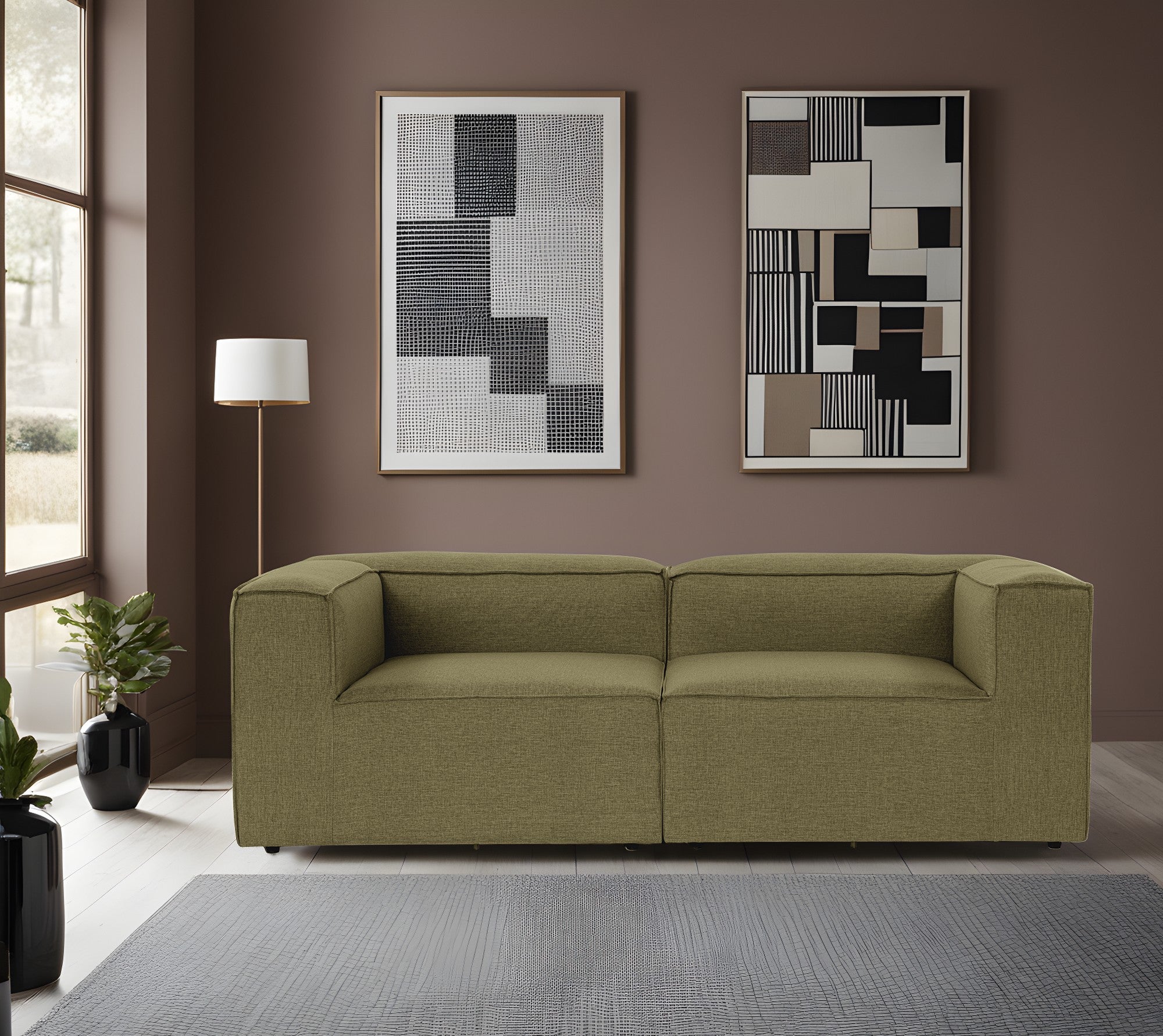 Sofá elegante de 2 lugares, linho verde, 214 x 105 x 66 cm | Estrutura 100% madeira de carpa, espuma 32 DNS, pernas de plástico | Perfeito para salas de estar modernas e relaxamento