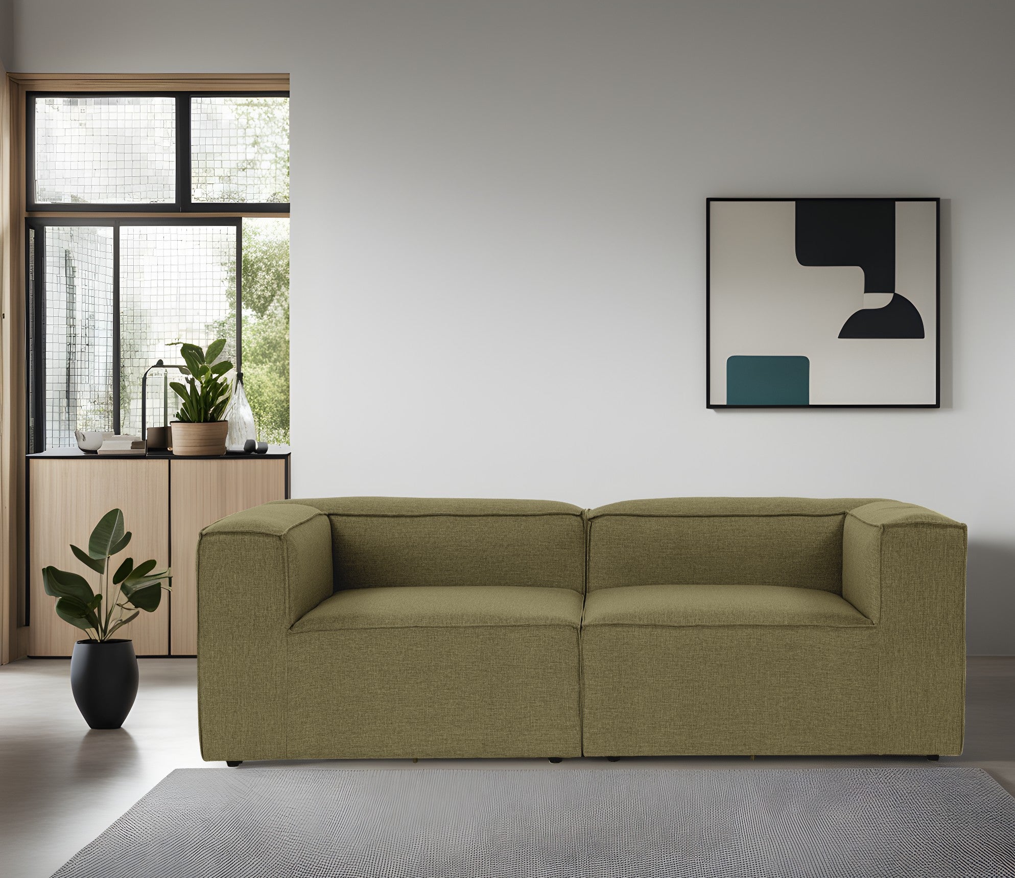Sofá elegante de 2 lugares, linho verde, 214 x 105 x 66 cm | Estrutura 100% madeira de carpa, espuma 32 DNS, pernas de plástico | Perfeito para salas de estar modernas e relaxamento