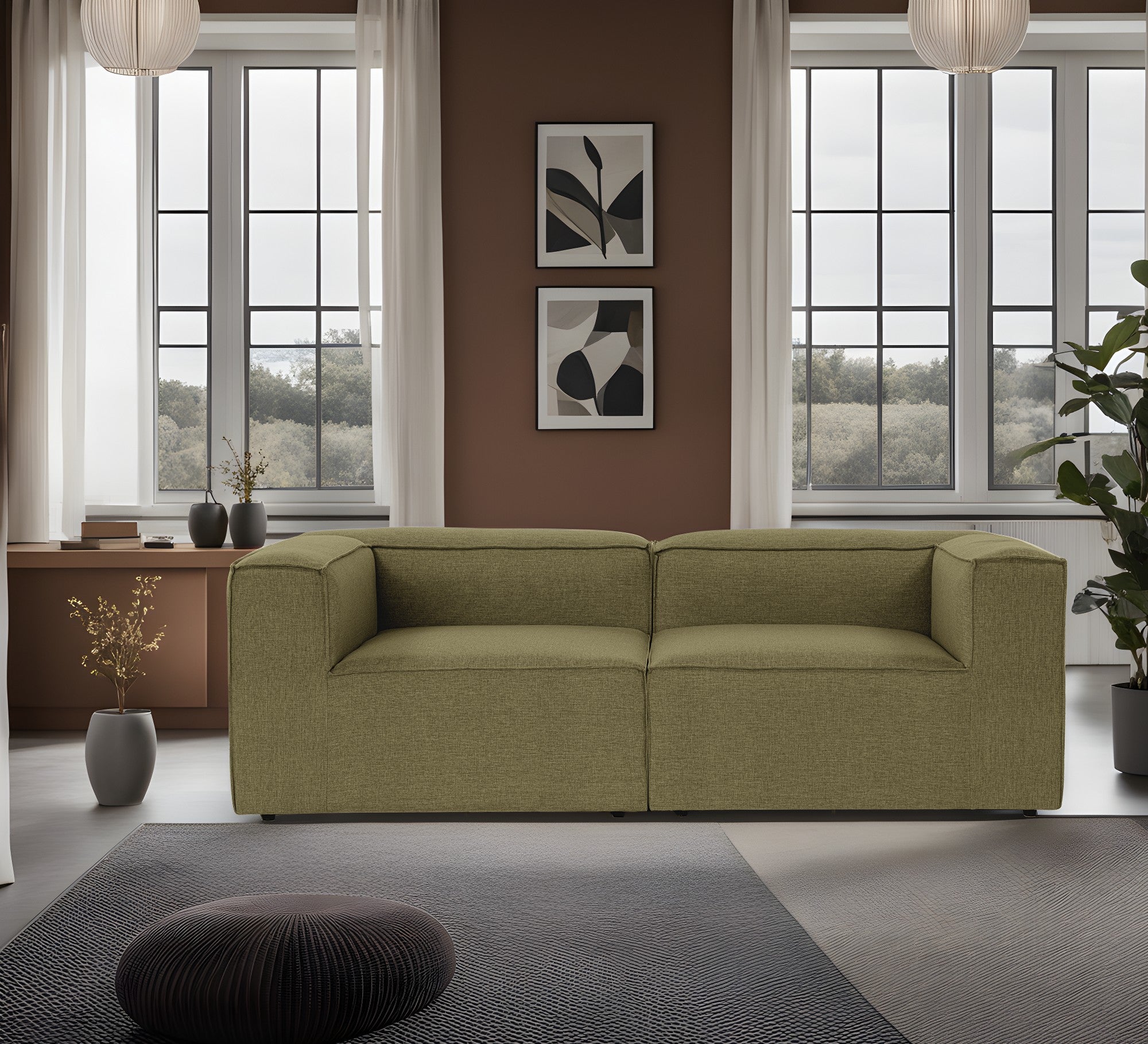 Sofá elegante de 2 lugares, linho verde, 214 x 105 x 66 cm | Estrutura 100% madeira de carpa, espuma 32 DNS, pernas de plástico | Perfeito para salas de estar modernas e relaxamento