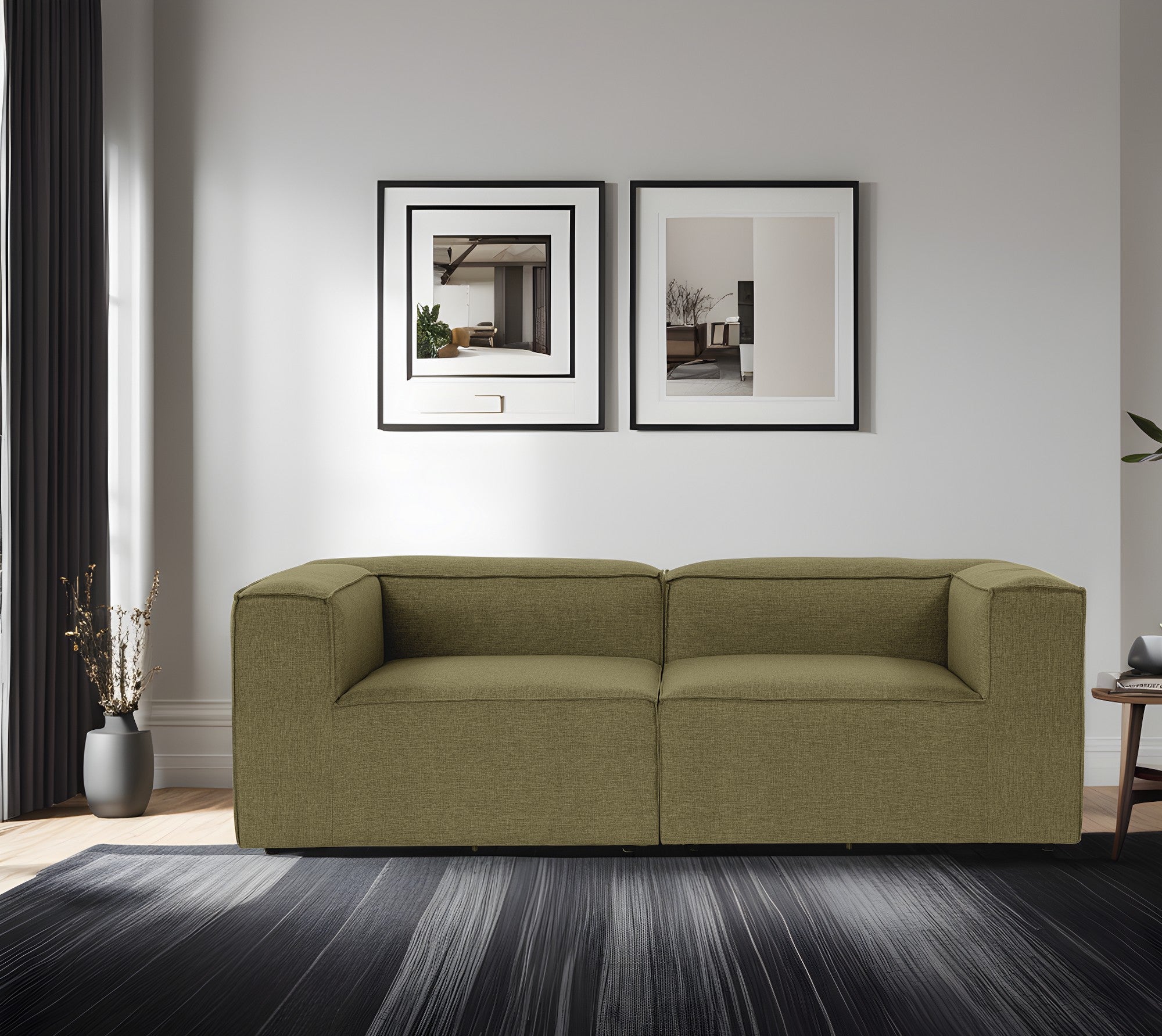 Sofá elegante de 2 lugares, linho verde, 214 x 105 x 66 cm | Estrutura 100% madeira de carpa, espuma 32 DNS, pernas de plástico | Perfeito para salas de estar modernas e relaxamento