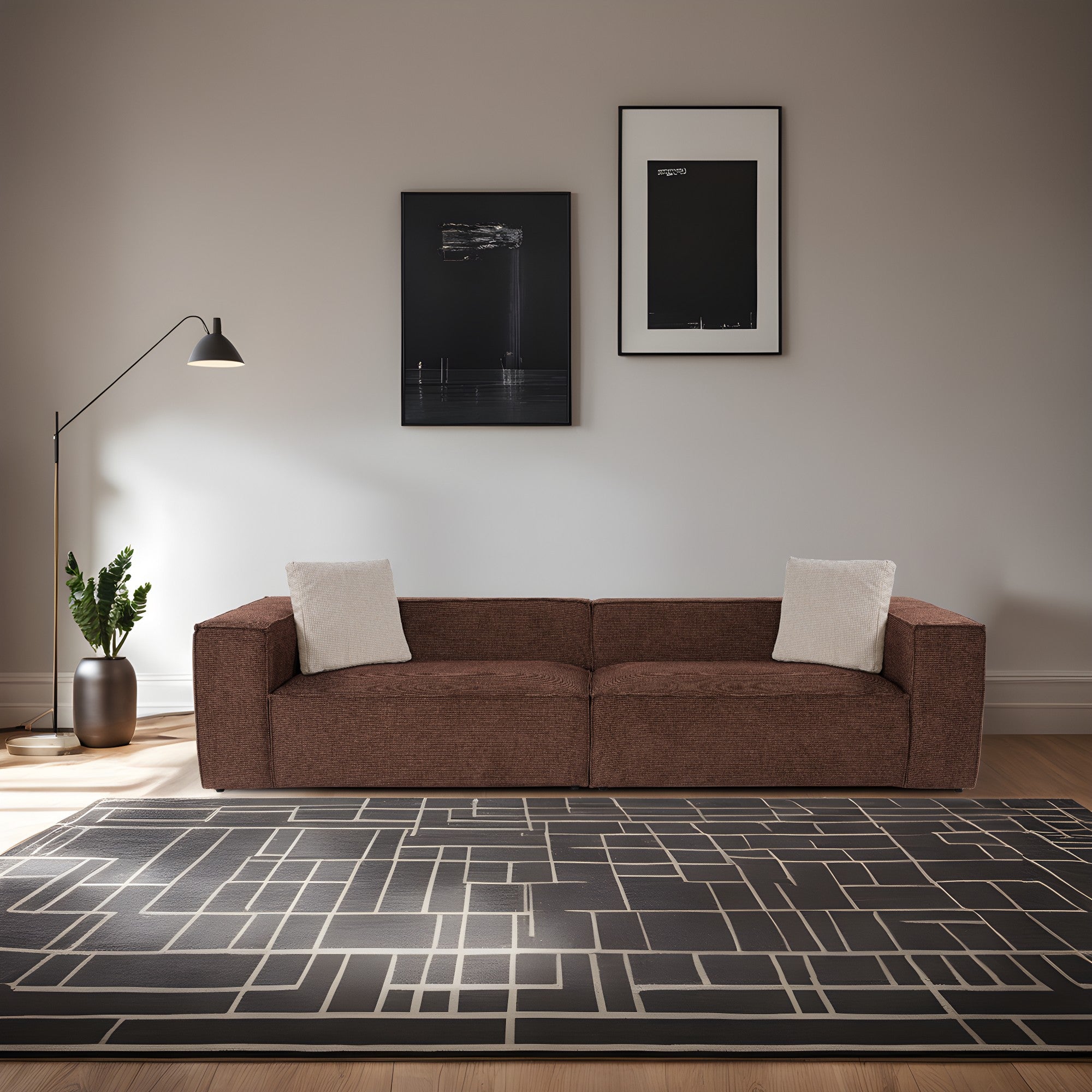Sofá elegante de 4 lugares, tecido de linho marrom, 300 x 108 x 65 cm | Assentos de espuma DNS 32, pernas de plástico, inclui 2 almofadas | Perfeito para salas de estar modernas