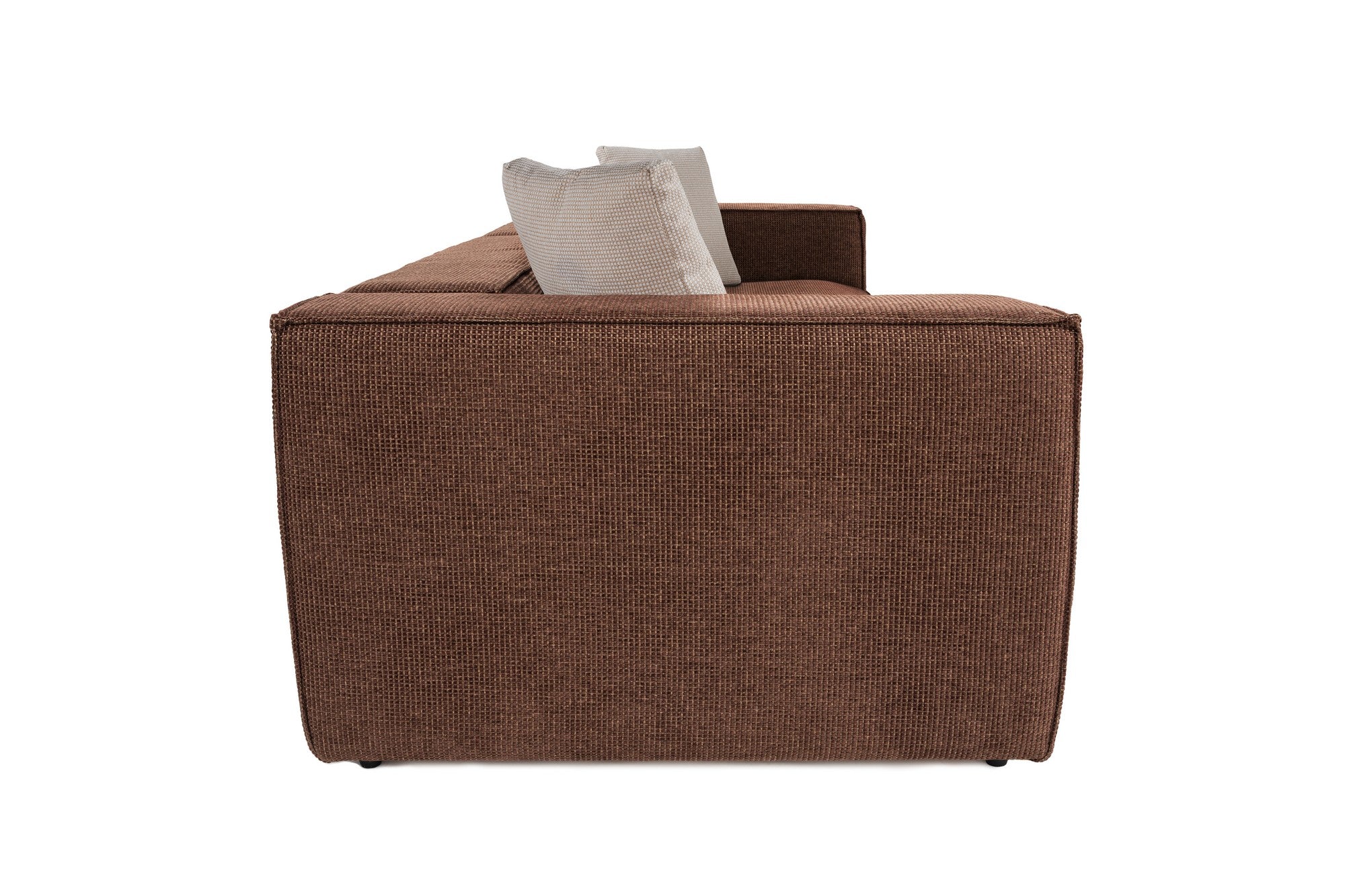 Sofá elegante de 4 lugares, tecido de linho marrom, 300 x 108 x 65 cm | Assentos de espuma DNS 32, pernas de plástico, inclui 2 almofadas | Perfeito para salas de estar modernas