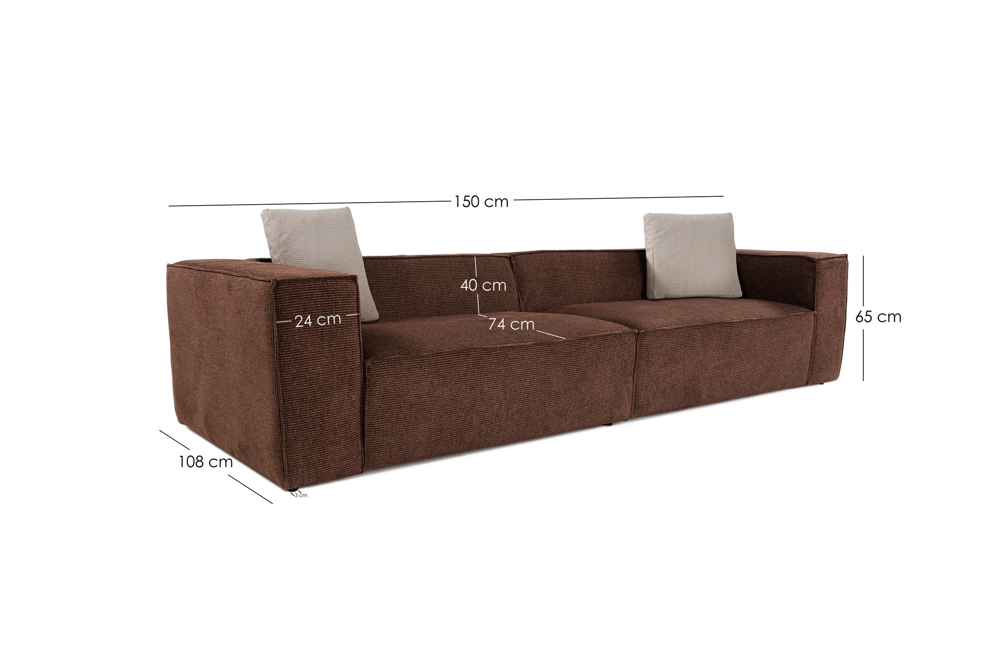 Sofá elegante de 4 lugares, tecido de linho marrom, 300 x 108 x 65 cm | Assentos de espuma DNS 32, pernas de plástico, inclui 2 almofadas | Perfeito para salas de estar modernas