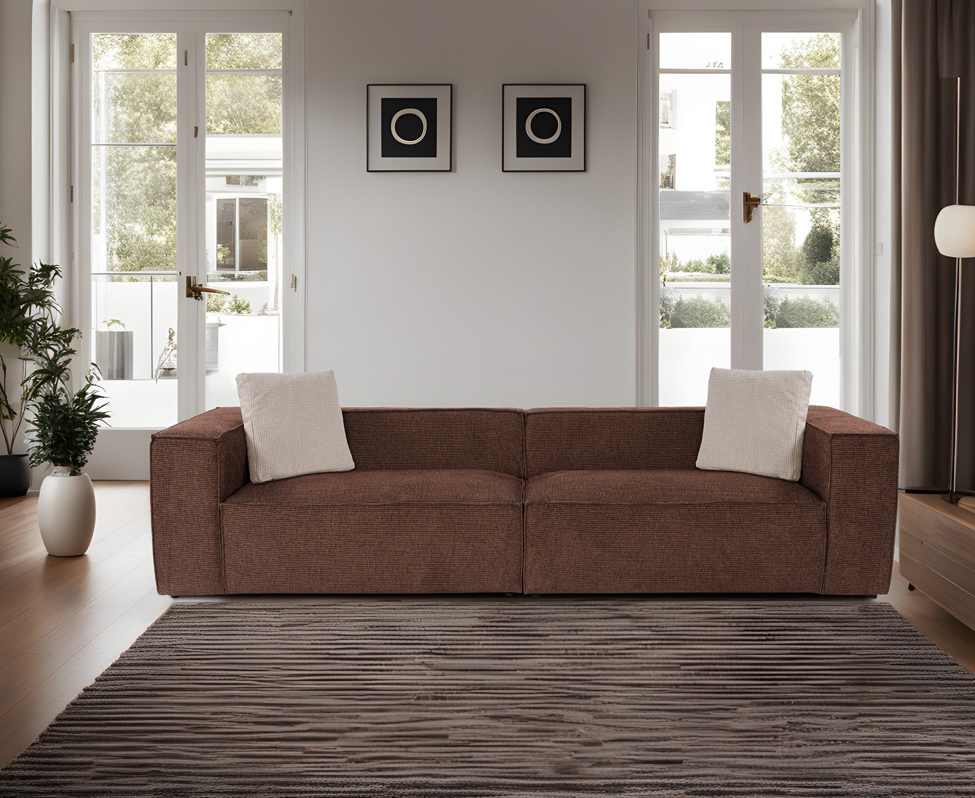 Sofá elegante de 4 lugares, tecido de linho marrom, 300 x 108 x 65 cm | Assentos de espuma DNS 32, pernas de plástico, inclui 2 almofadas | Perfeito para salas de estar modernas