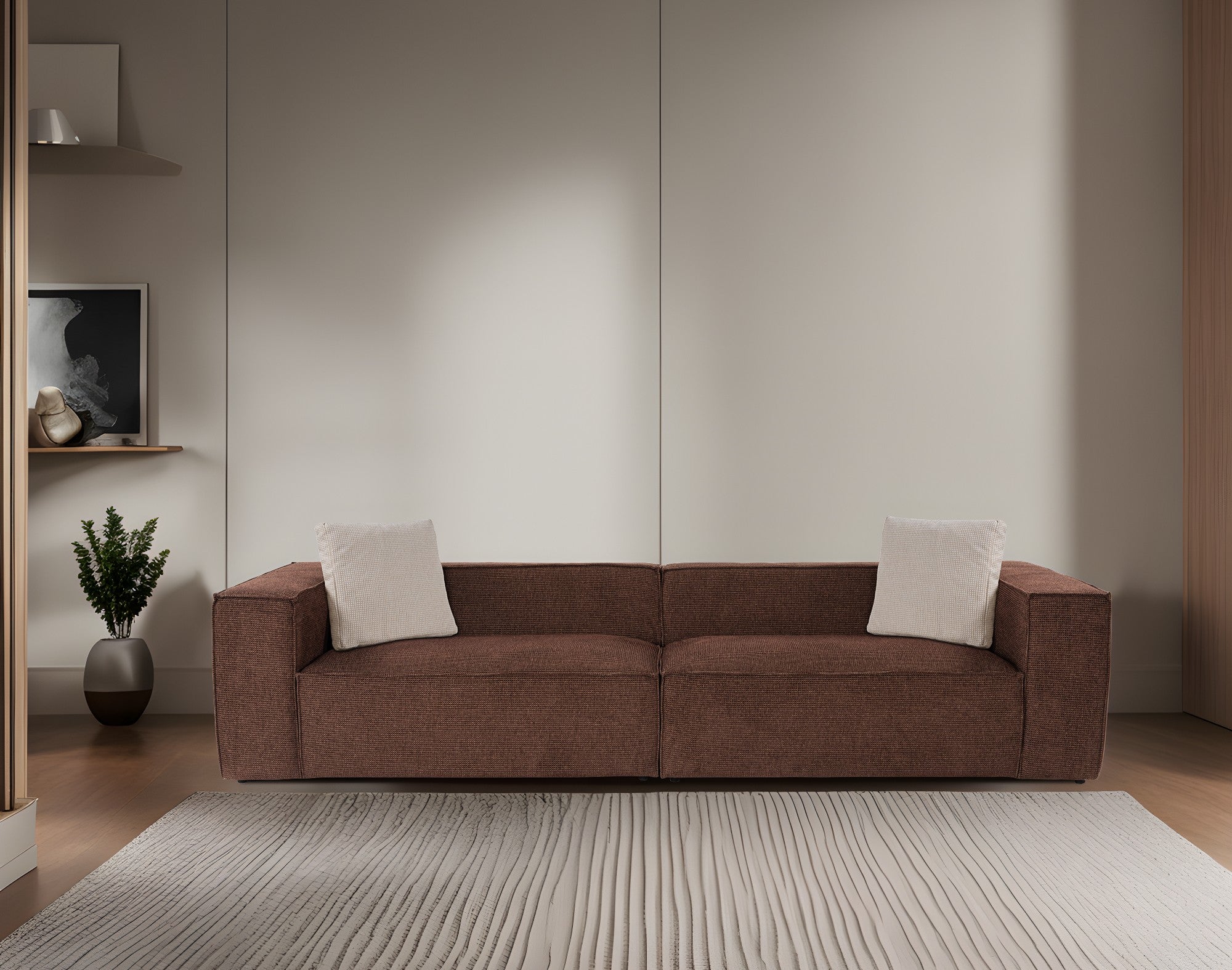 Sofá elegante de 4 lugares, tecido de linho marrom, 300 x 108 x 65 cm | Assentos de espuma DNS 32, pernas de plástico, inclui 2 almofadas | Perfeito para salas de estar modernas