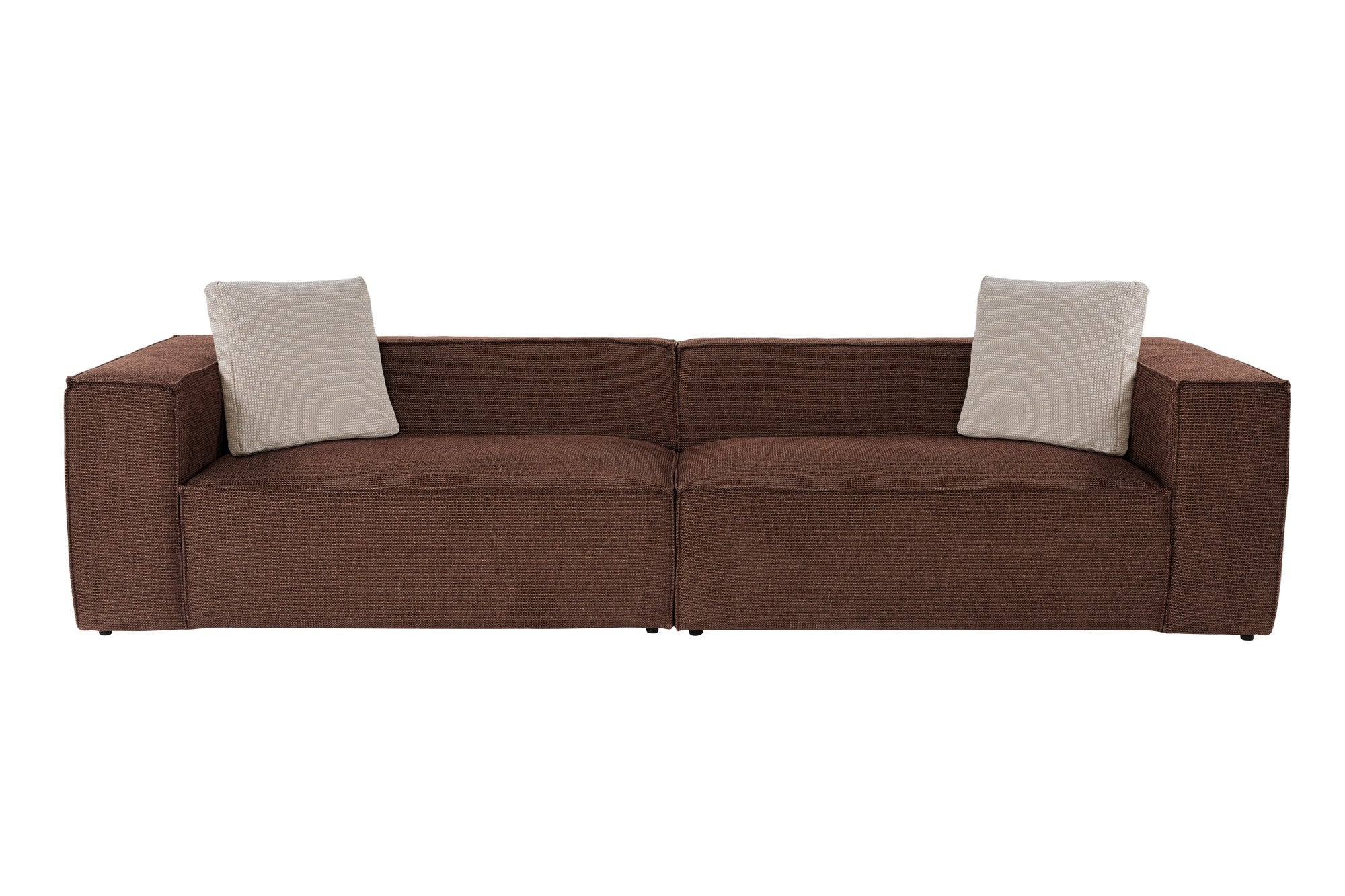 Sofá elegante de 4 lugares, tecido de linho marrom, 300 x 108 x 65 cm | Assentos de espuma DNS 32, pernas de plástico, inclui 2 almofadas | Perfeito para salas de estar modernas