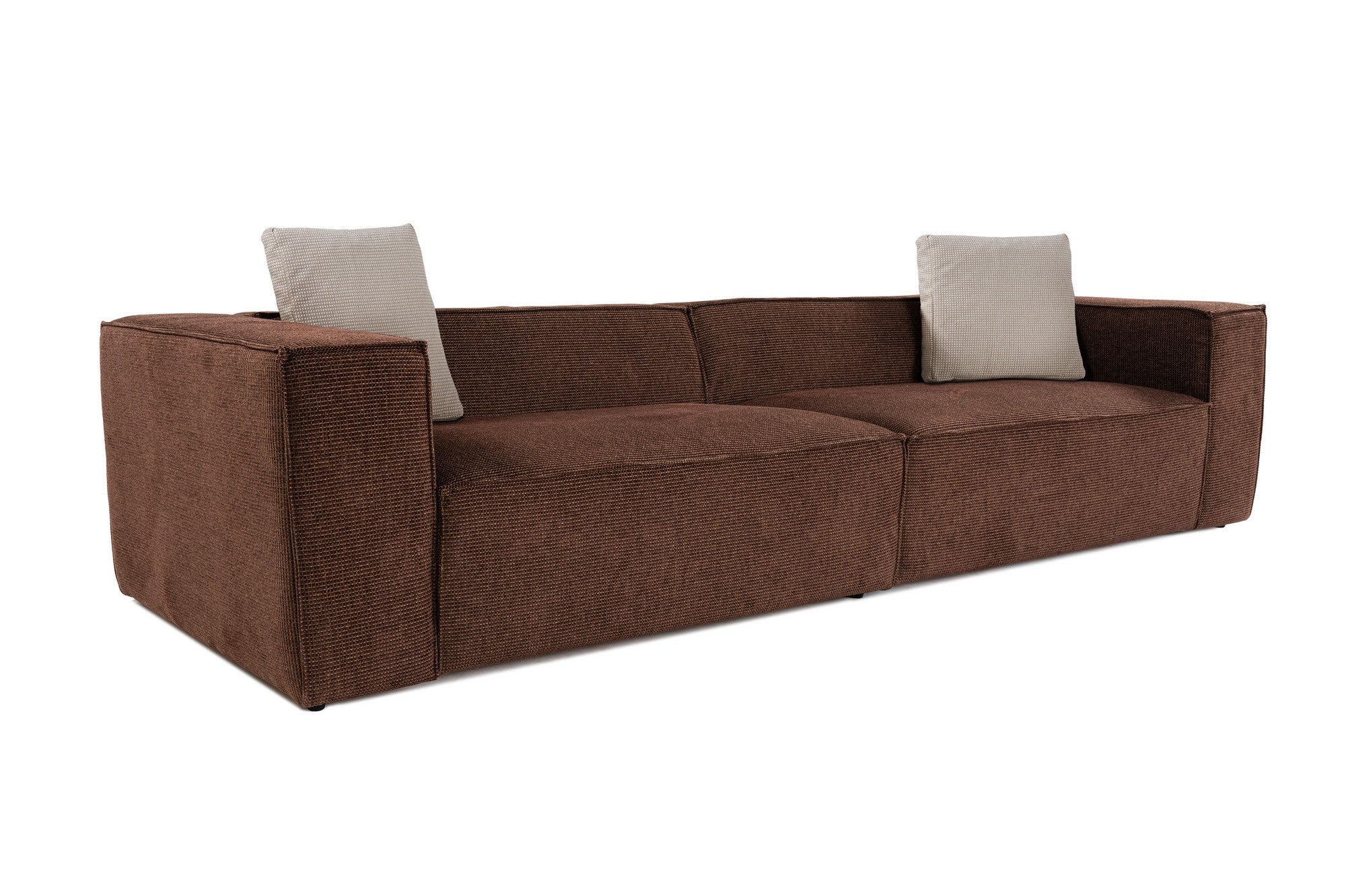 Sofá elegante de 4 lugares, tecido de linho marrom, 300 x 108 x 65 cm | Assentos de espuma DNS 32, pernas de plástico, inclui 2 almofadas | Perfeito para salas de estar modernas