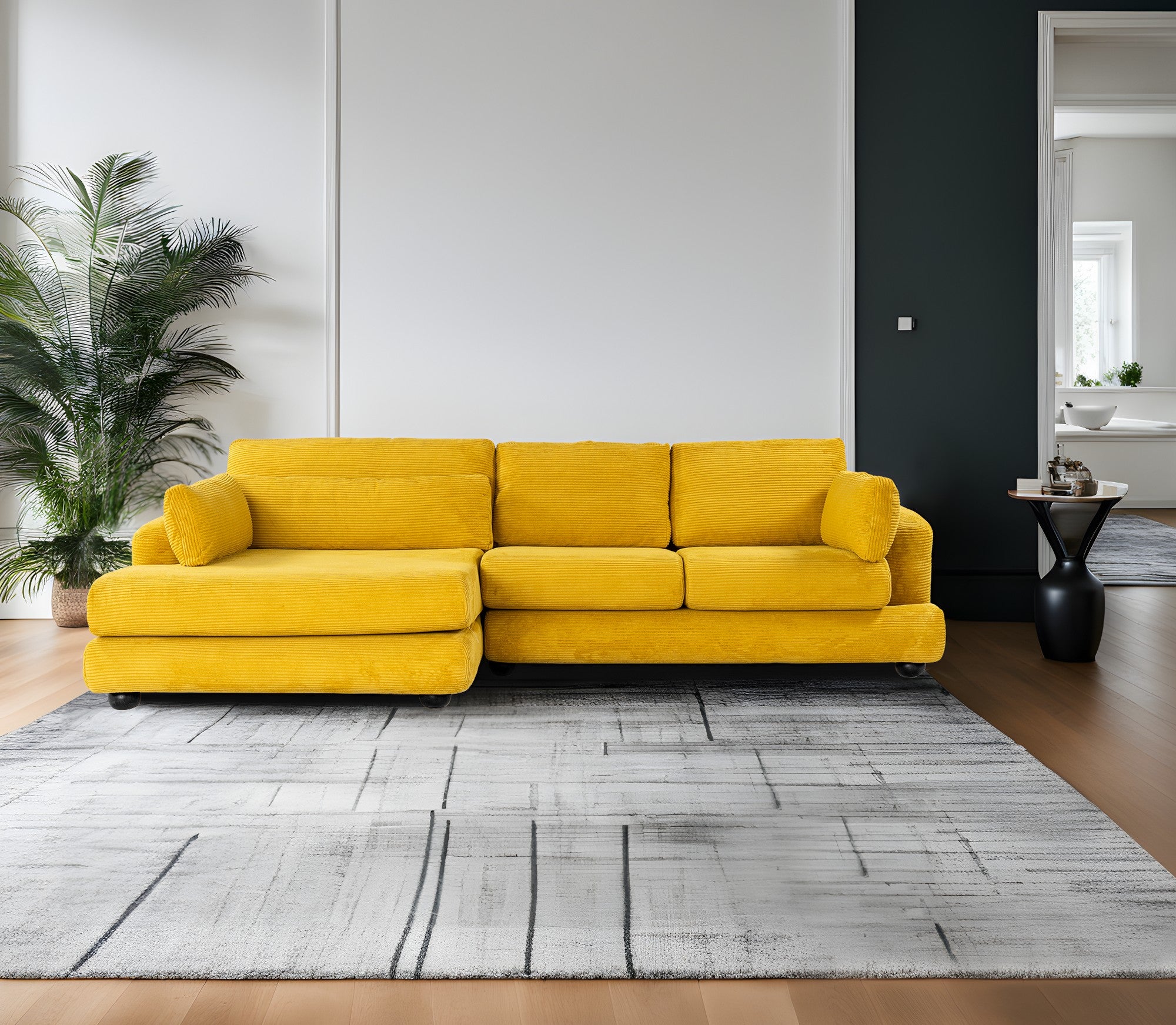 Sofá de canto elegante verde-oliva, 330 cm | Estrutura em madeira de faia e aglomerado, 100% poliéster, espuma 28 DNS | Almofadas portáteis, design elegante para uma vida moderna