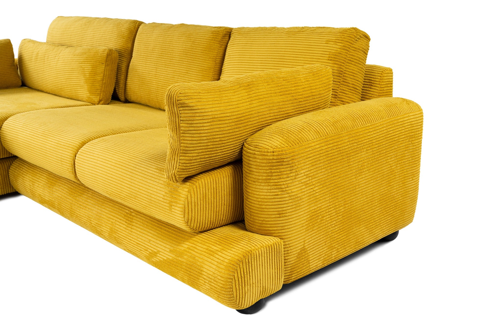 Sofá de canto elegante verde-oliva, 330 cm | Estrutura em madeira de faia e aglomerado, 100% poliéster, espuma 28 DNS | Almofadas portáteis, design elegante para uma vida moderna