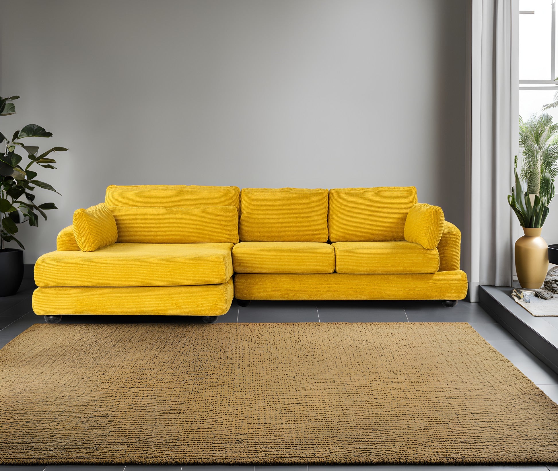 Sofá de canto elegante verde-oliva, 330 cm | Estrutura em madeira de faia e aglomerado, 100% poliéster, espuma 28 DNS | Almofadas portáteis, design elegante para uma vida moderna