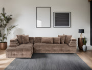 Sofá de canto elegante, tecido cinza, 303 x 190 cm | Estrutura em madeira de faia e aglomerado, espuma 28 DNS, almofadas fixas | Perfeito para salas de estar modernas
