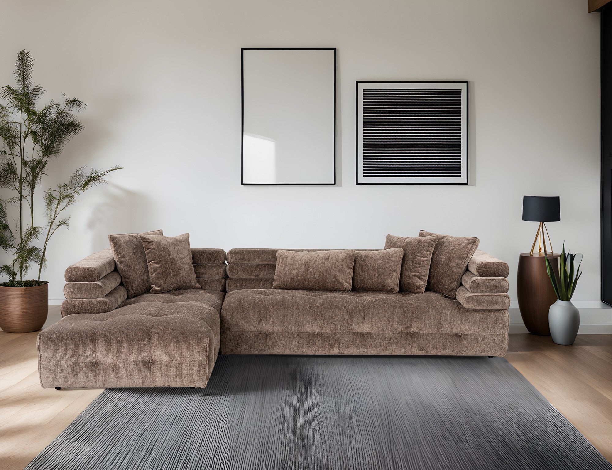 Sofá de canto elegante, tecido cinza, 303 x 190 cm | Estrutura em madeira de faia e aglomerado, espuma 28 DNS, almofadas fixas | Perfeito para salas de estar modernas