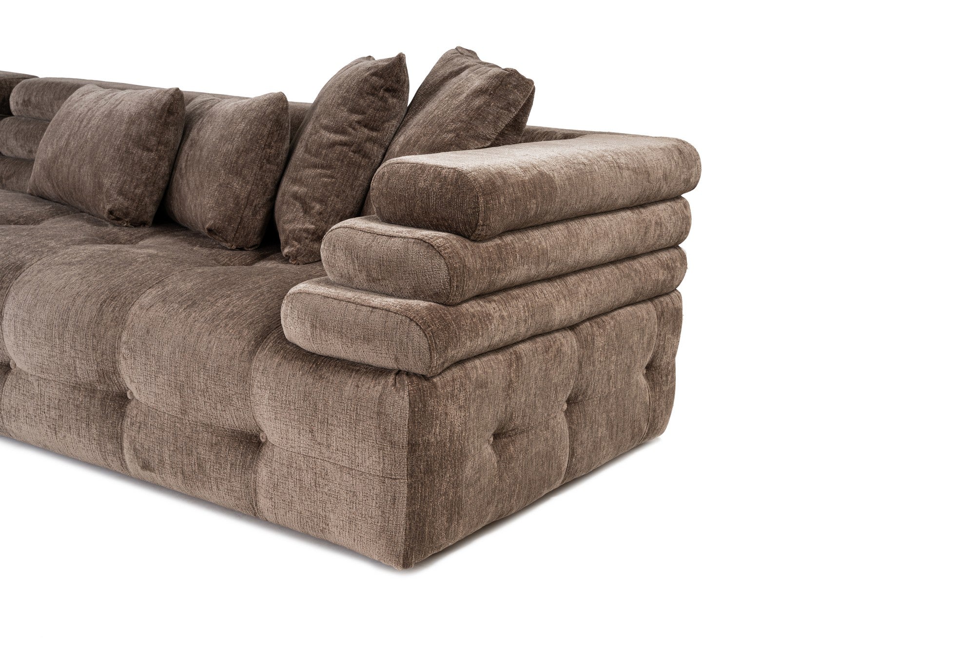 Sofá de canto elegante, tecido cinza, 303 x 190 cm | Estrutura em madeira de faia e aglomerado, espuma 28 DNS, almofadas fixas | Perfeito para salas de estar modernas