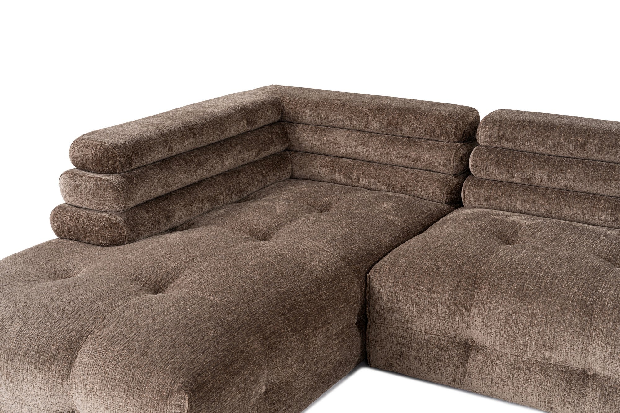 Sofá de canto elegante, tecido cinza, 303 x 190 cm | Estrutura em madeira de faia e aglomerado, espuma 28 DNS, almofadas fixas | Perfeito para salas de estar modernas