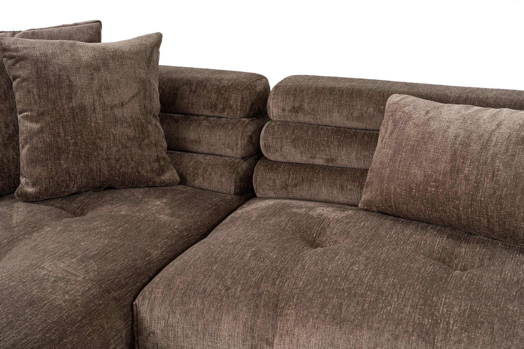 Sofá de canto elegante, tecido cinza, 303 x 190 cm | Estrutura em madeira de faia e aglomerado, espuma 28 DNS, almofadas fixas | Perfeito para salas de estar modernas