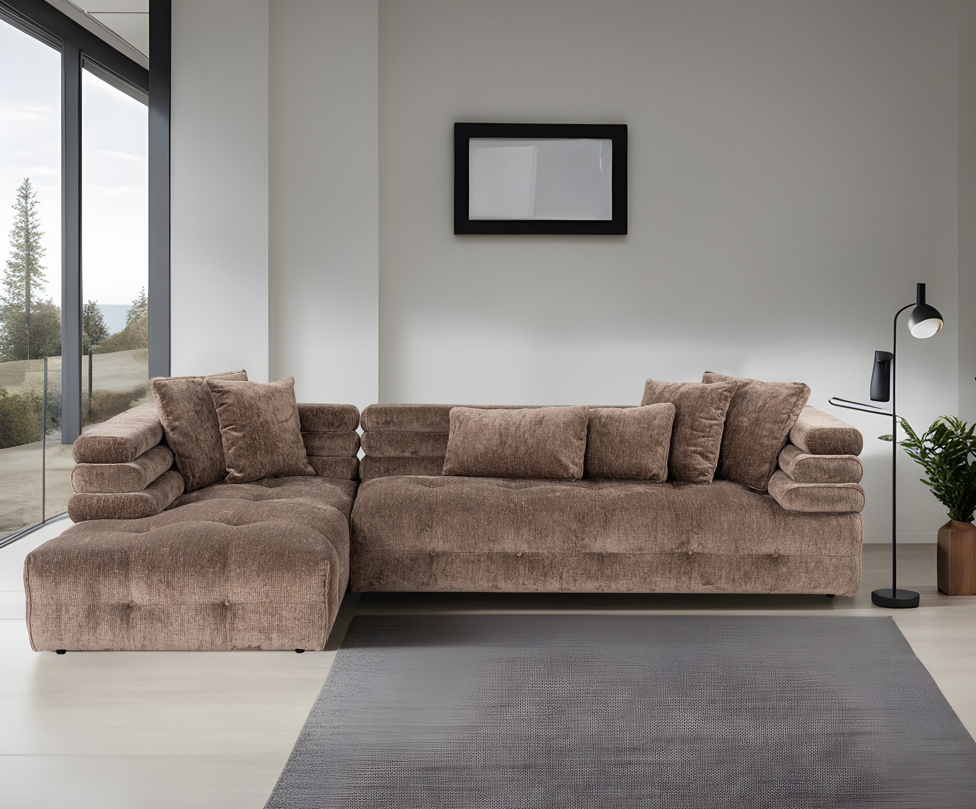 Sofá de canto elegante, tecido cinza, 303 x 190 cm | Estrutura em madeira de faia e aglomerado, espuma 28 DNS, almofadas fixas | Perfeito para salas de estar modernas