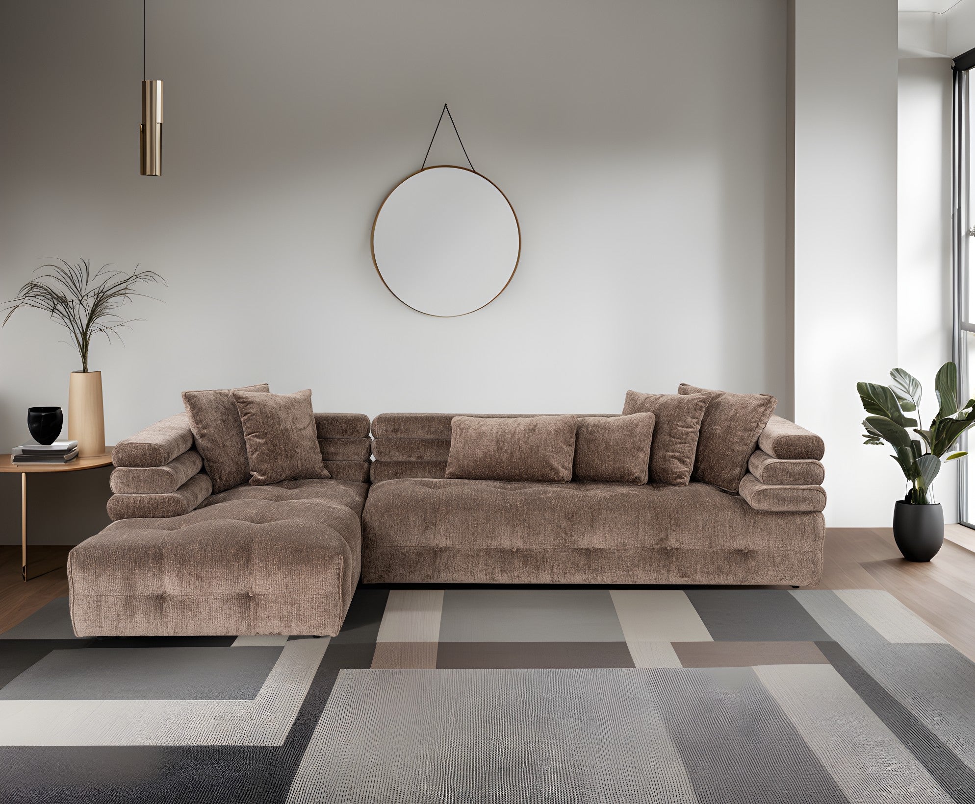 Sofá de canto elegante, tecido cinza, 303 x 190 cm | Estrutura em madeira de faia e aglomerado, espuma 28 DNS, almofadas fixas | Perfeito para salas de estar modernas
