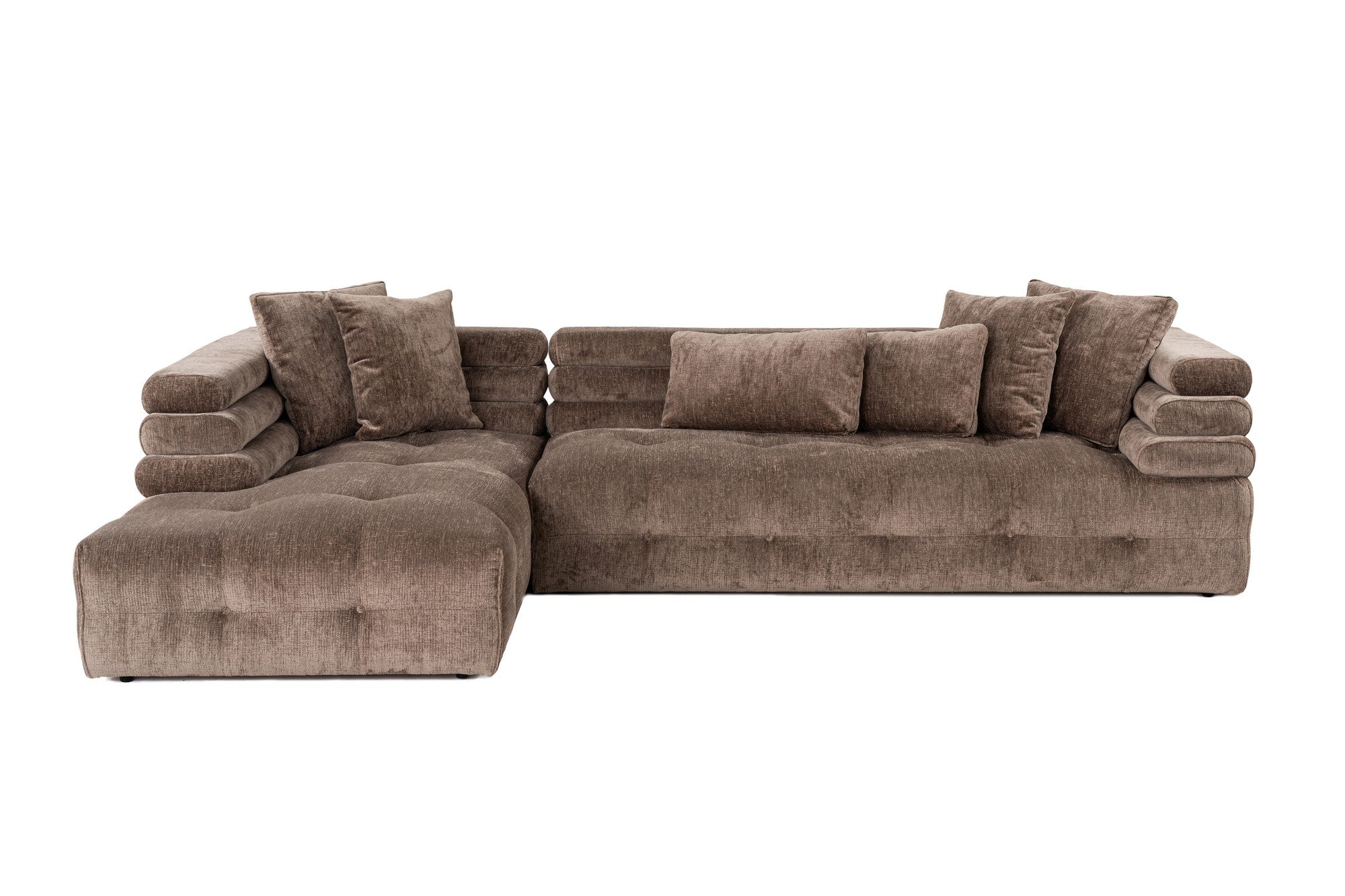 Sofá de canto elegante, tecido cinza, 303 x 190 cm | Estrutura em madeira de faia e aglomerado, espuma 28 DNS, almofadas fixas | Perfeito para salas de estar modernas