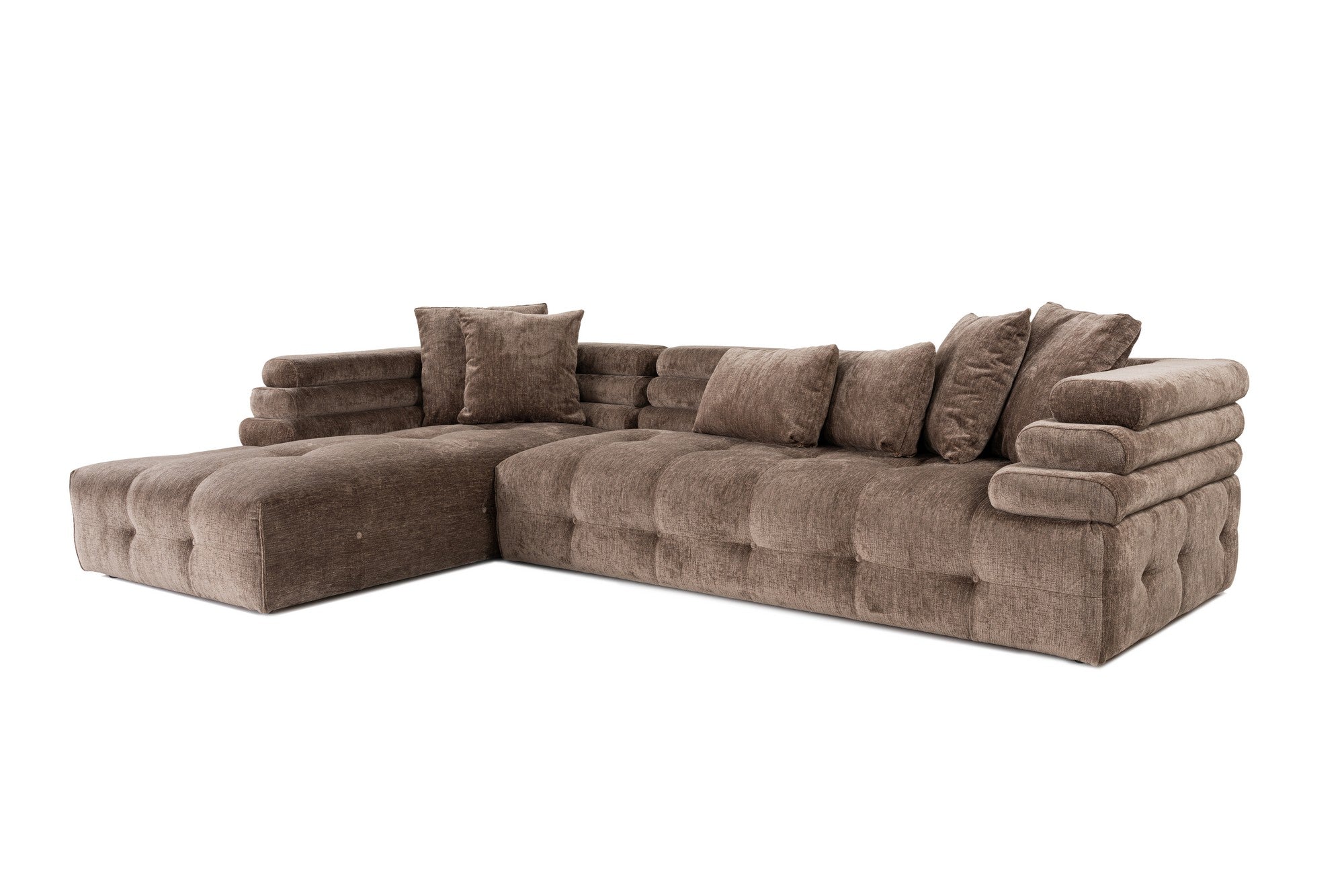 Sofá de canto elegante, tecido cinza, 303 x 190 cm | Estrutura em madeira de faia e aglomerado, espuma 28 DNS, almofadas fixas | Perfeito para salas de estar modernas