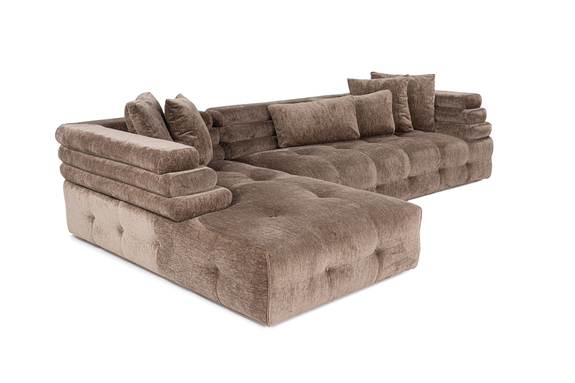 Sofá de canto elegante, tecido cinza, 303 x 190 cm | Estrutura em madeira de faia e aglomerado, espuma 28 DNS, almofadas fixas | Perfeito para salas de estar modernas