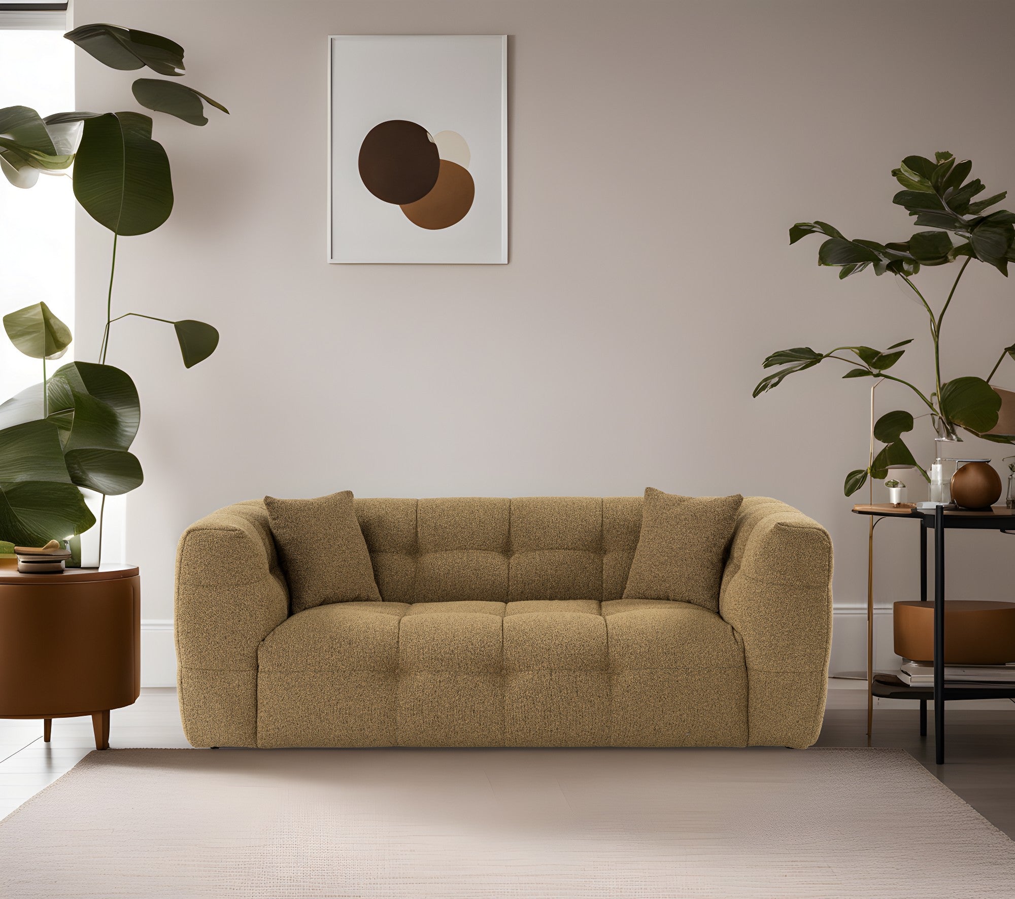 Sofá elegante de 2 lugares, cáqui, 195 x 100 x 72 cm | Estrutura em madeira de faia e aglomerado, 100% poliéster, espuma 28 DNS | Almofadas fixas, tecido fácil de limpar, design moderno