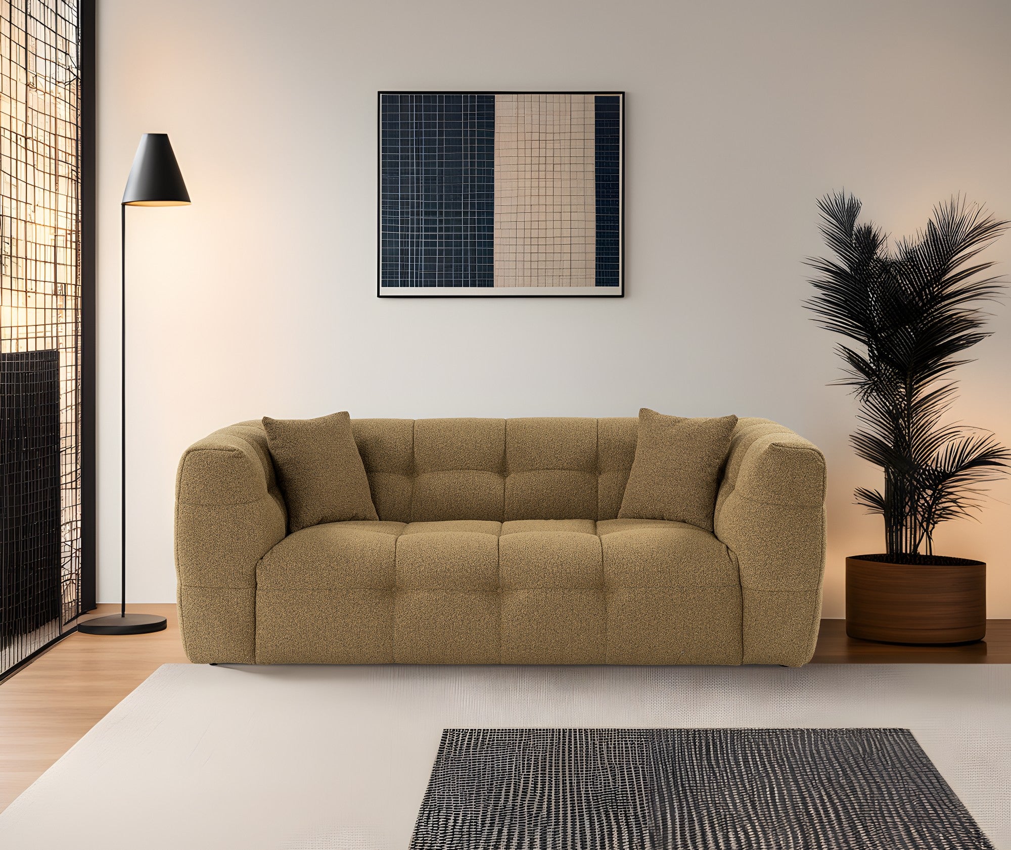 Sofá elegante de 2 lugares, cáqui, 195 x 100 x 72 cm | Estrutura em madeira de faia e aglomerado, 100% poliéster, espuma 28 DNS | Almofadas fixas, tecido fácil de limpar, design moderno