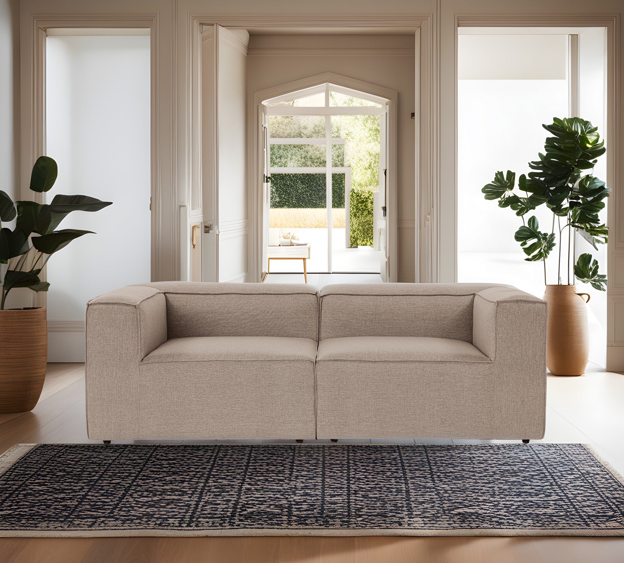 Sofá elegante de 2 lugares, tecido de linho marrom, 214 x 105 x 66 cm | Estrutura 100% madeira de carpa, espuma 32 DNS, pernas de plástico | Perfeito para salas de estar modernas