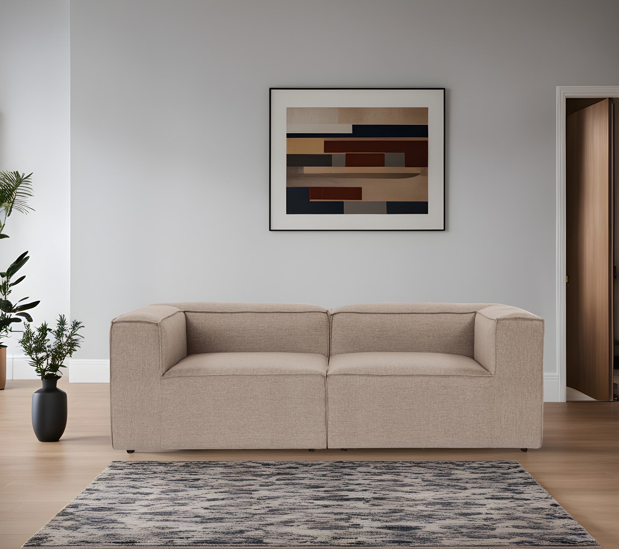 Sofá elegante de 2 lugares, tecido de linho marrom, 214 x 105 x 66 cm | Estrutura 100% madeira de carpa, espuma 32 DNS, pernas de plástico | Perfeito para salas de estar modernas