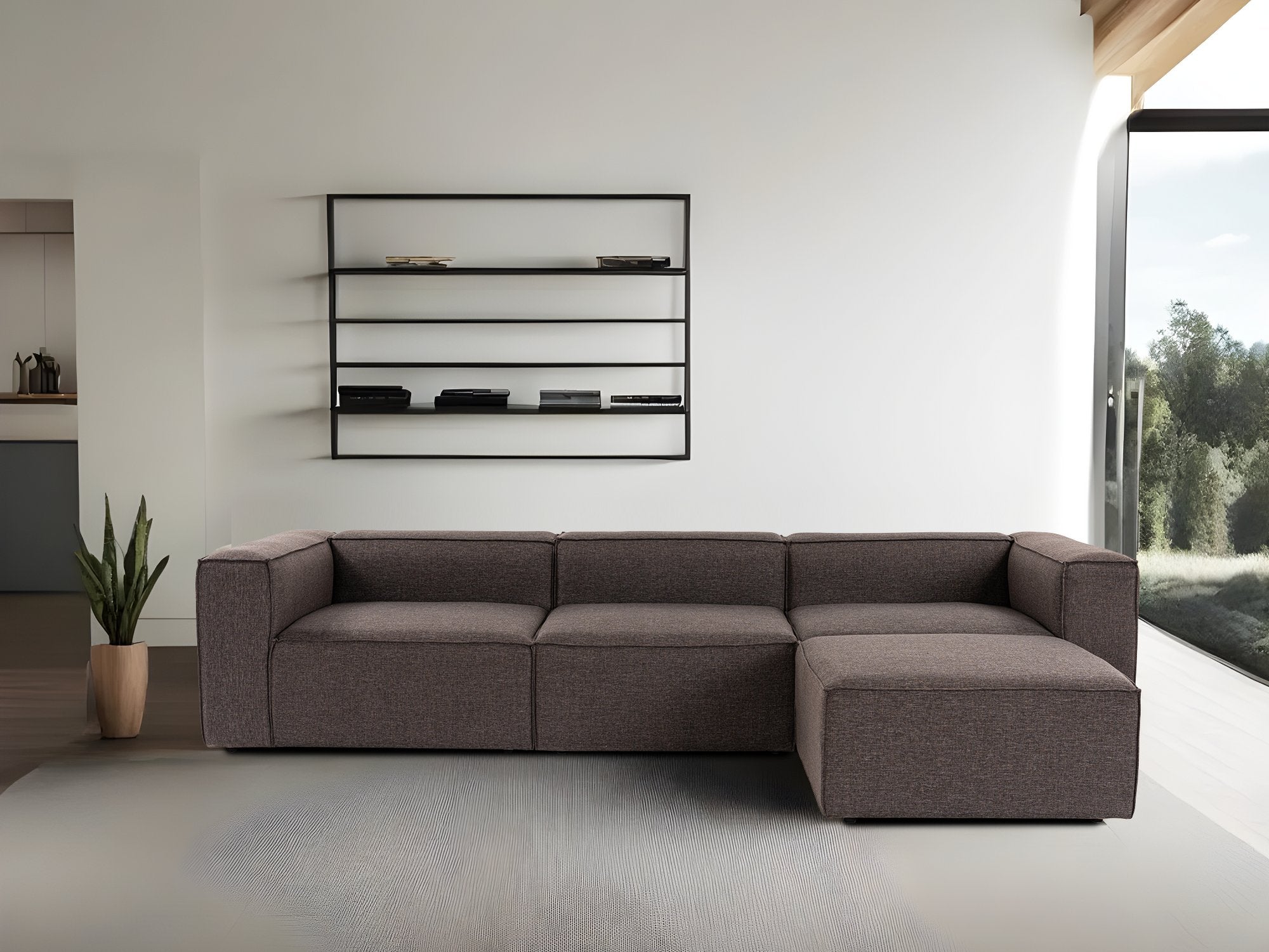 Sofá de canto elegante em marrom escuro, 296 cm | Estrutura 100% madeira de carpa, tecido 100% linho, espuma 32 DNS | Perfeito para salas de estar modernas e relaxamento