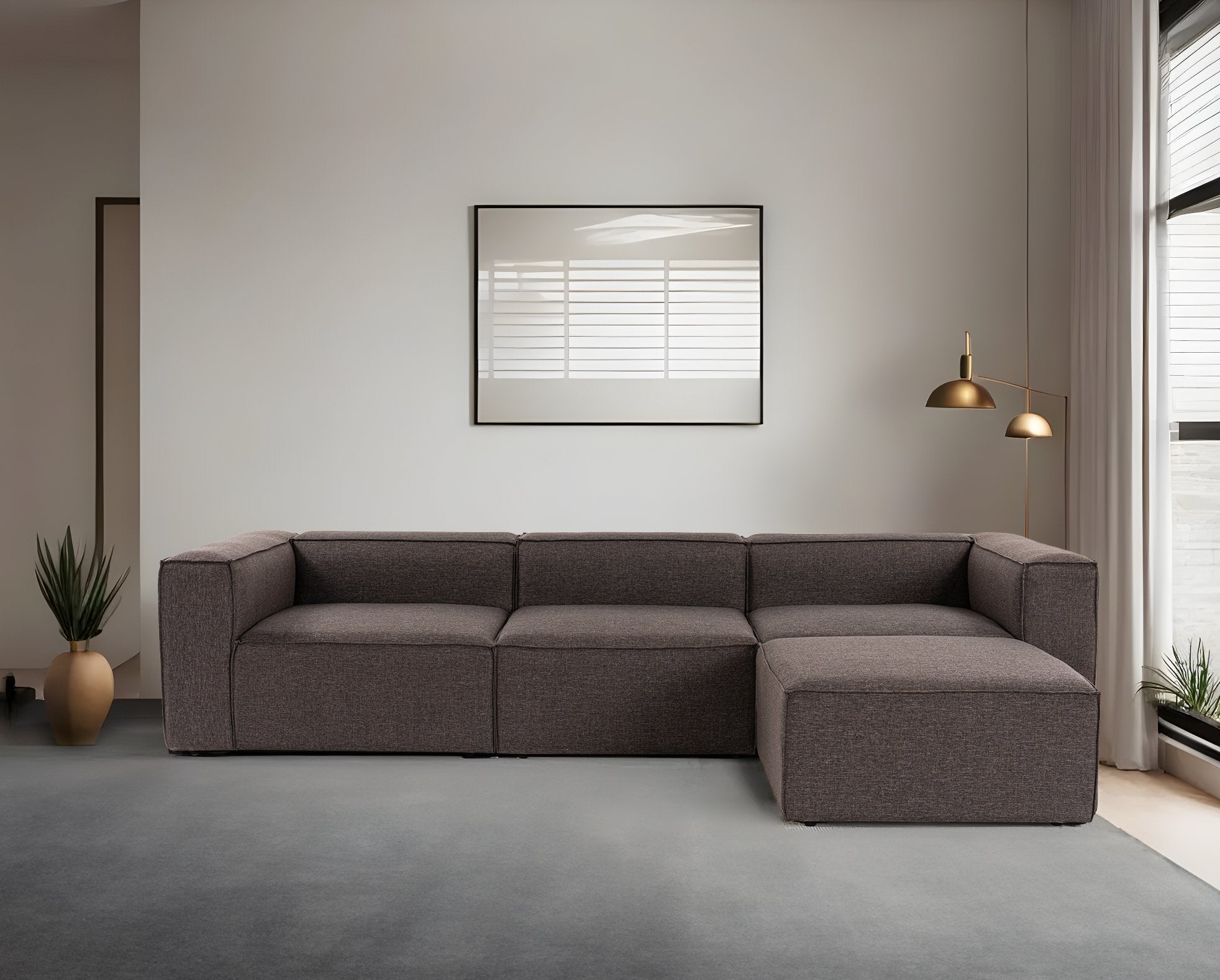 Sofá de canto elegante em marrom escuro, 296 cm | Estrutura 100% madeira de carpa, tecido 100% linho, espuma 32 DNS | Perfeito para salas de estar modernas e relaxamento